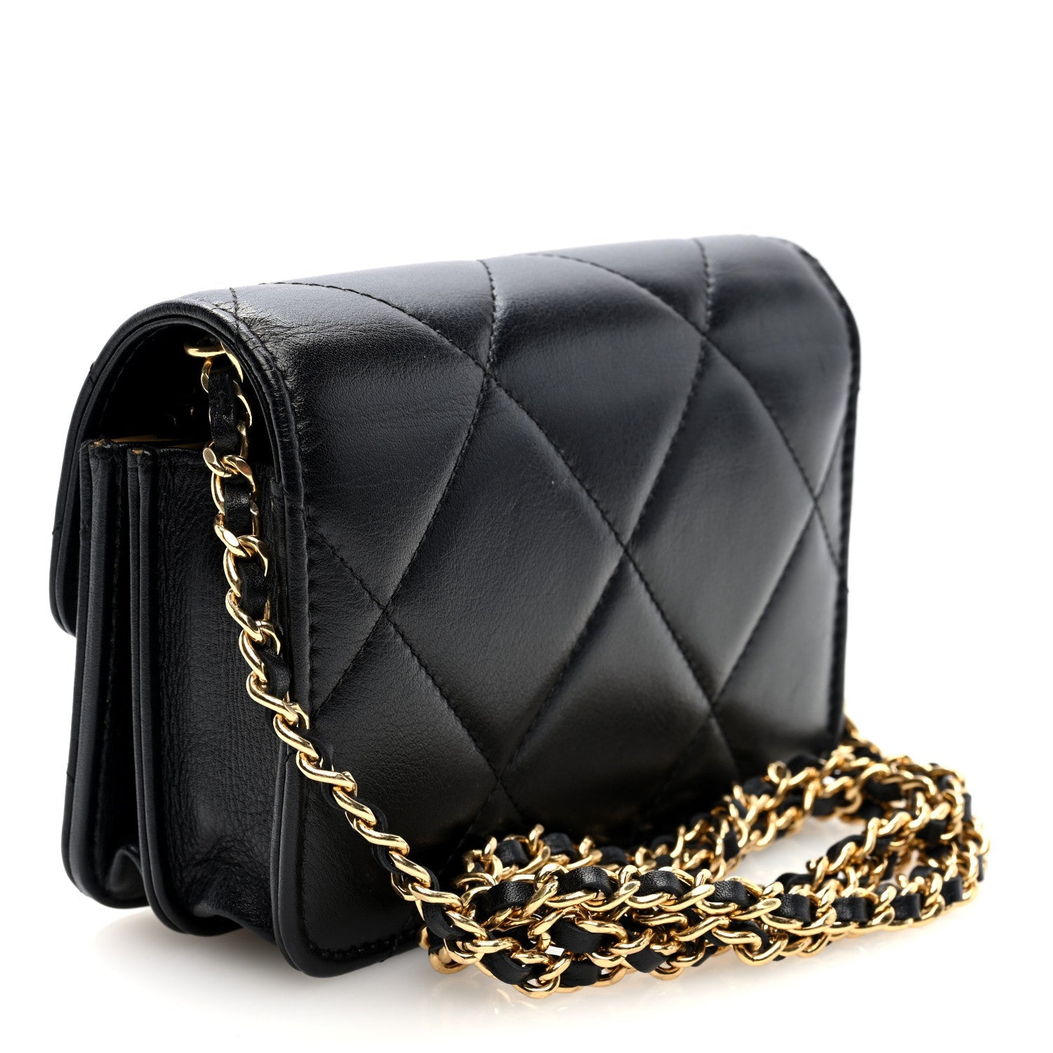 Calfskin Strass Quilted Clutch With Chain Flap Black