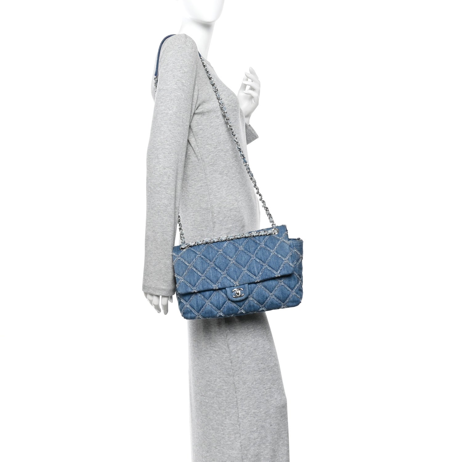 Frayed Denim Quilted Large Blue Chip Flap Blue