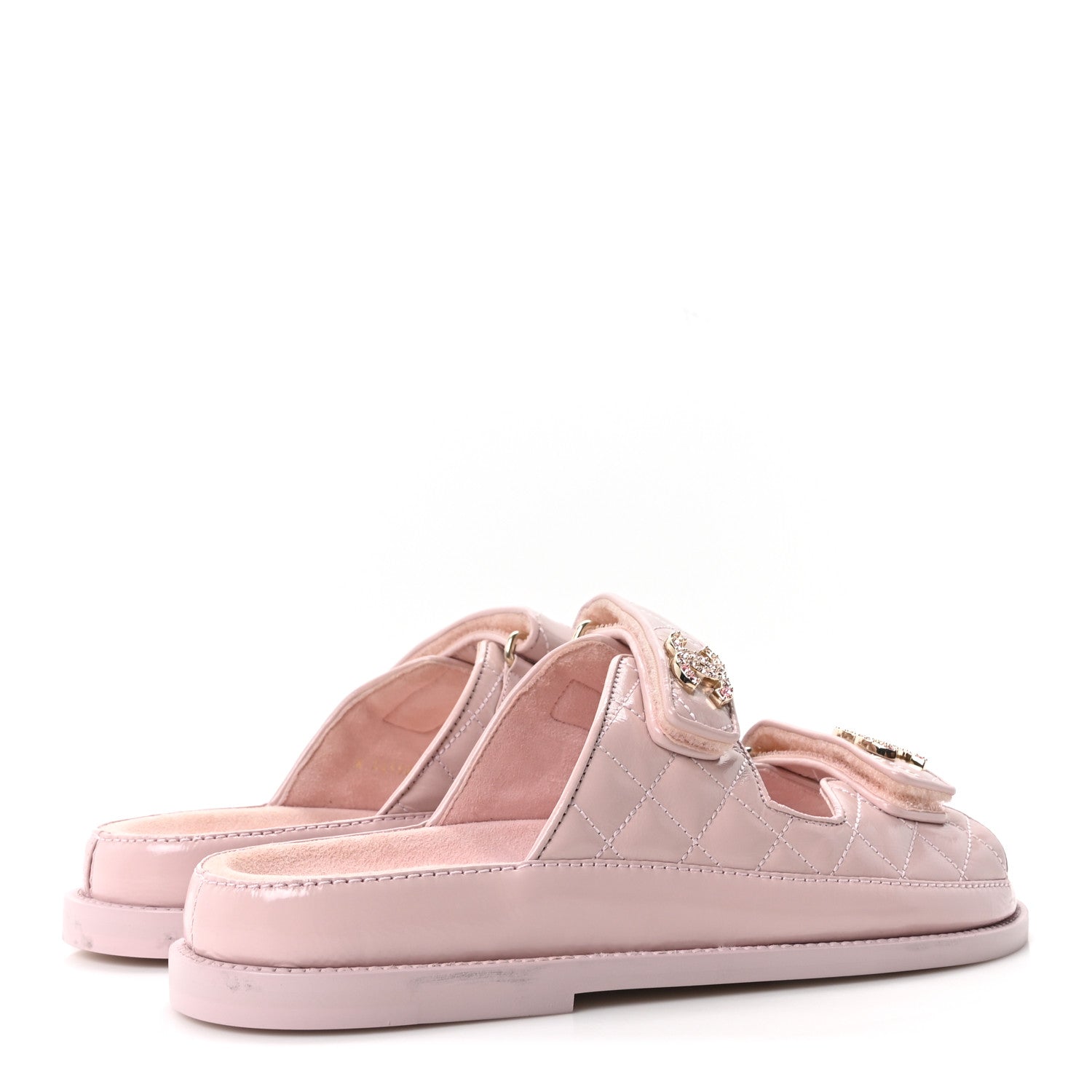 Shiny Calfskin Quilted Velcro Dad Crystal CC Slide Sandals 37.5 Light Pink