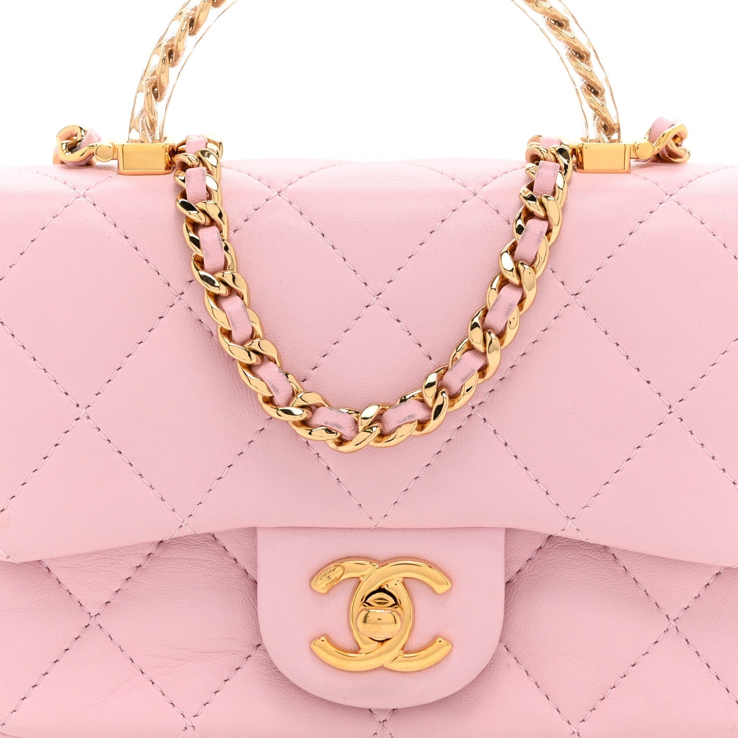 Lambskin Resin Quilted Top Handle Mini Flap Pink
