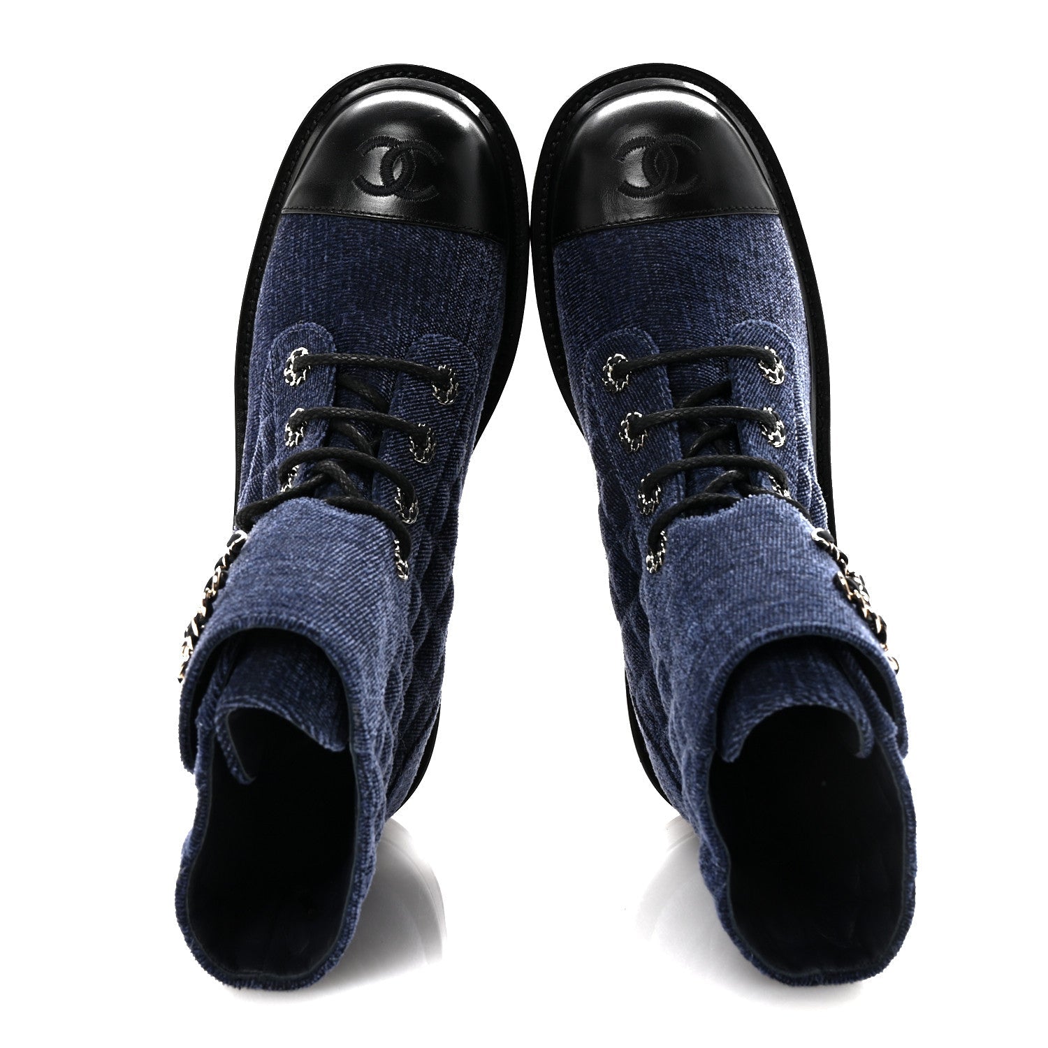 Shiny Calfskin Velvet Quilted Lace Up Combat Boots 38.5 Blue Black