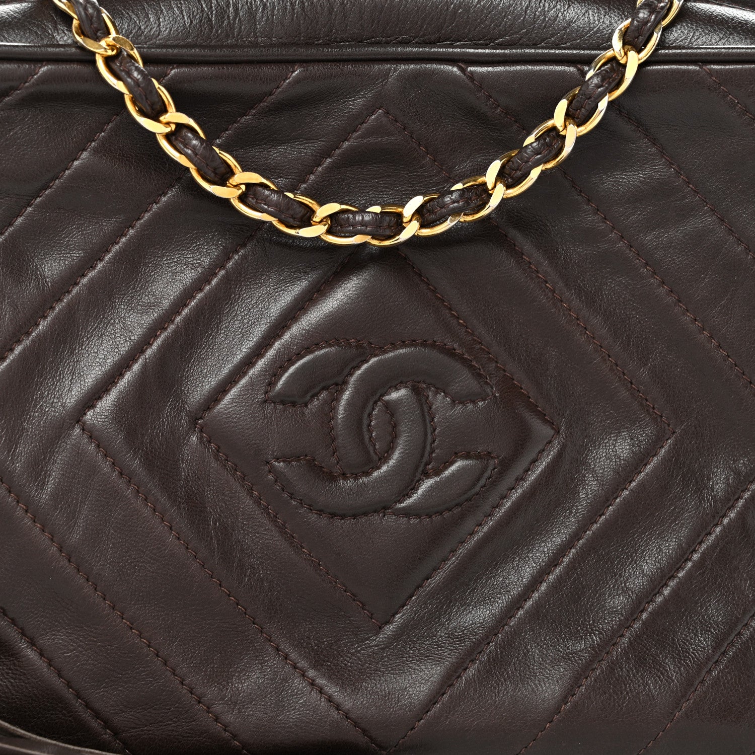Lambskin Chevron Quilted Tassel Camera Case Brown