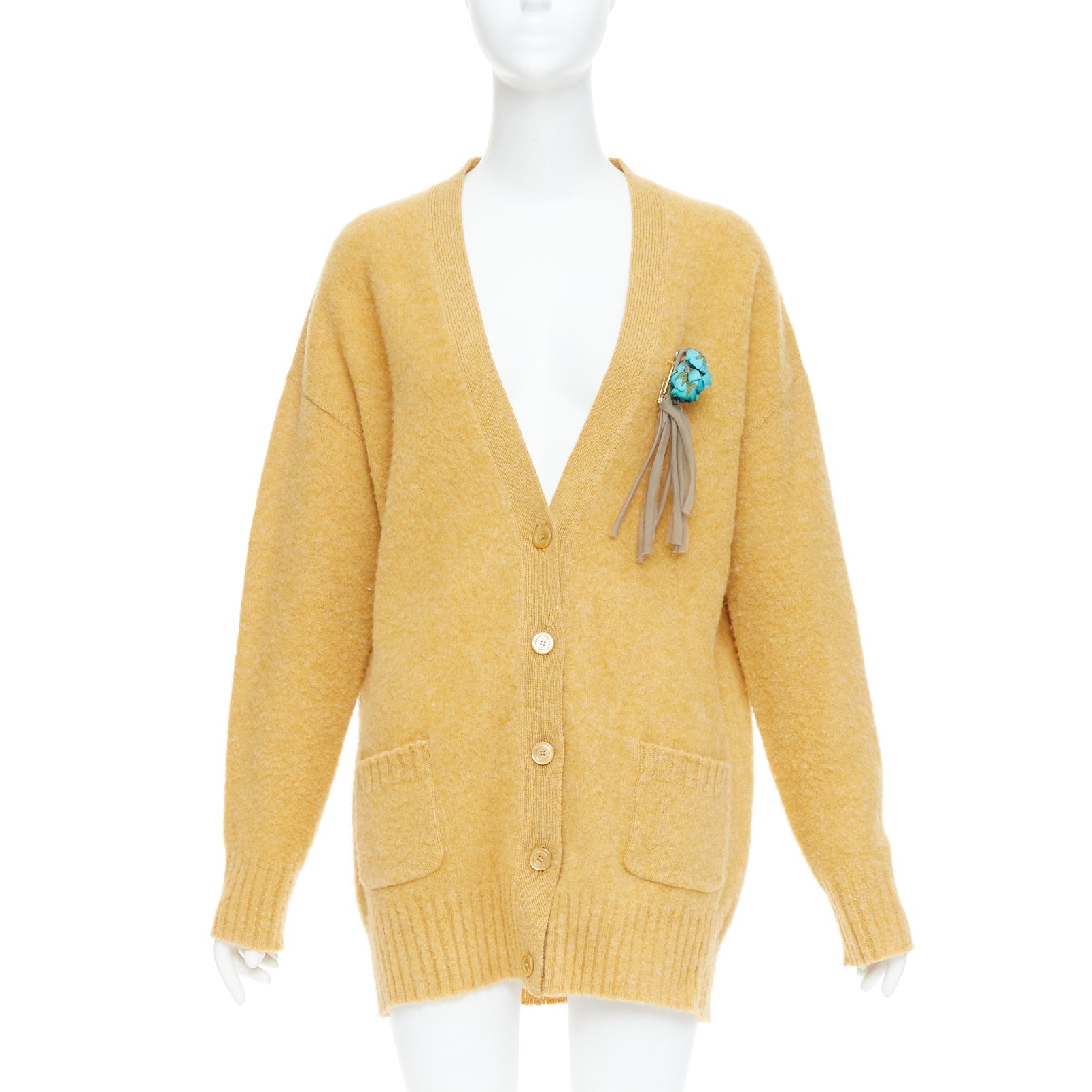 Women's Gucci wool yellow floral brooch oversized cardigan