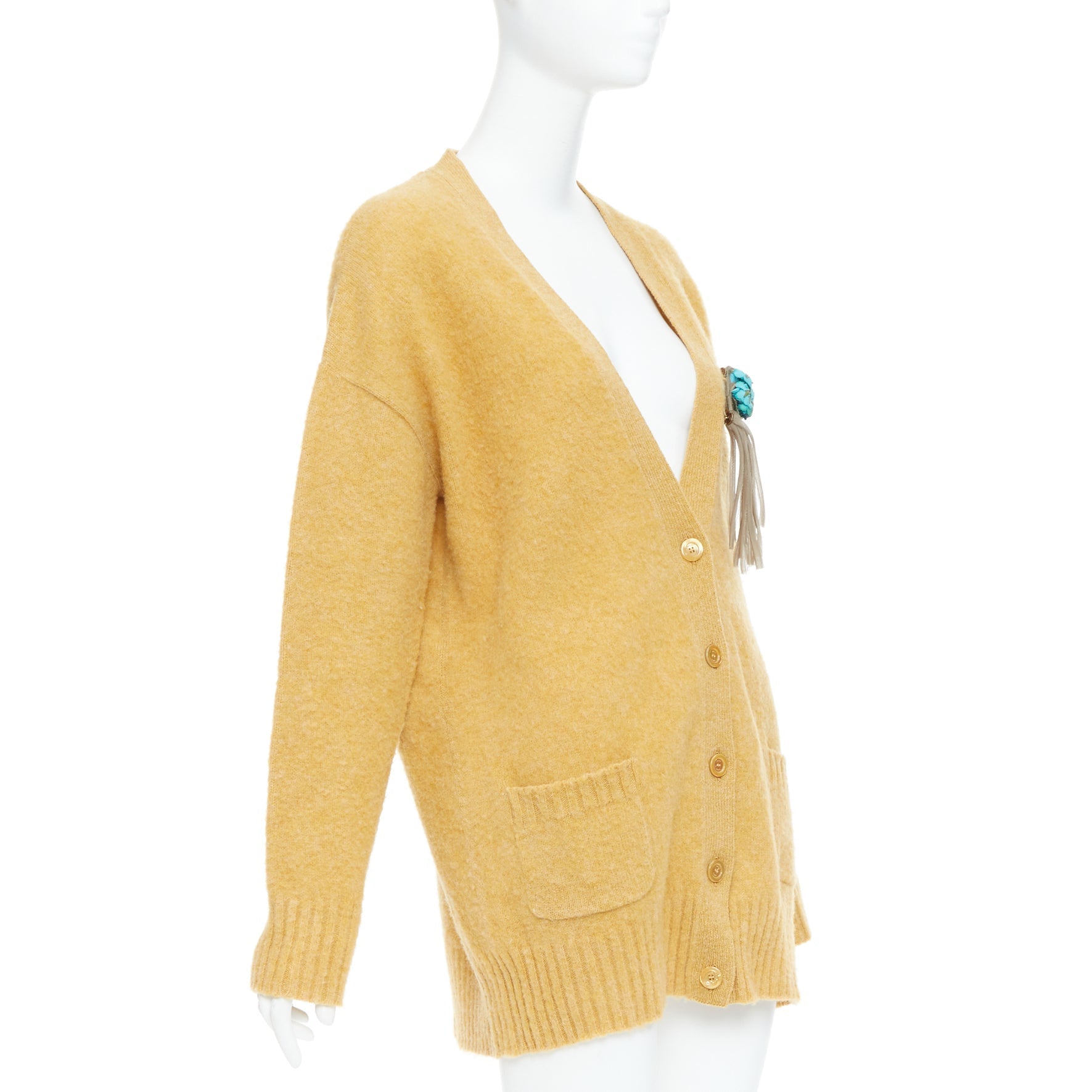 Women's Gucci wool yellow floral brooch oversized cardigan