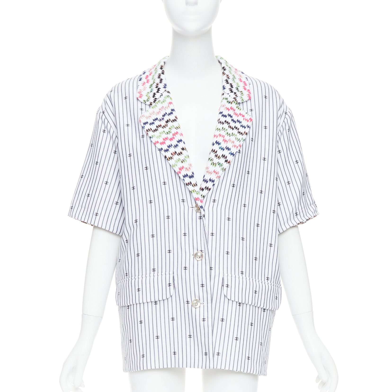 Women's Chanel multicolor tweed CC logo stripe short sleeve jacket