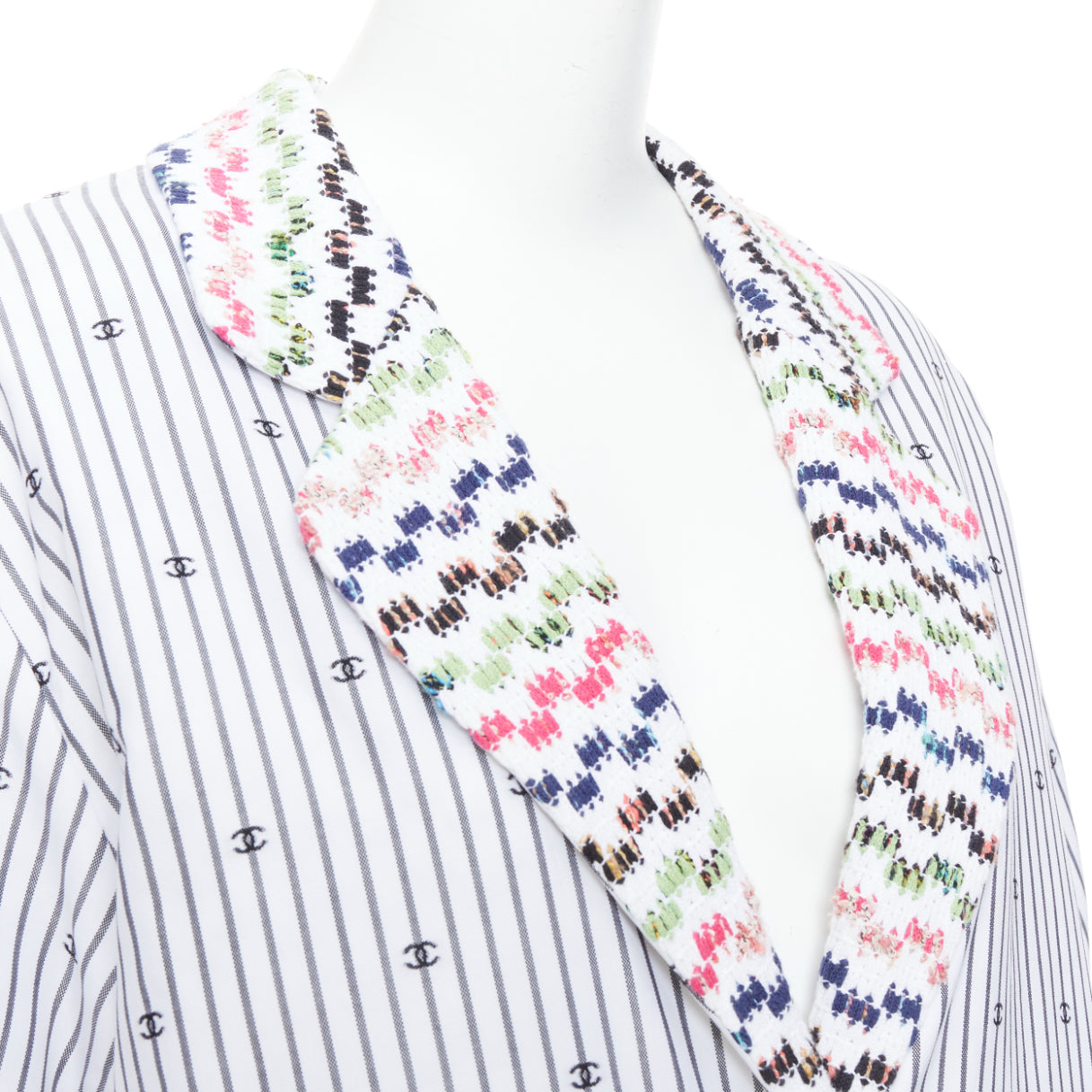Women's Chanel multicolor tweed CC logo stripe short sleeve jacket