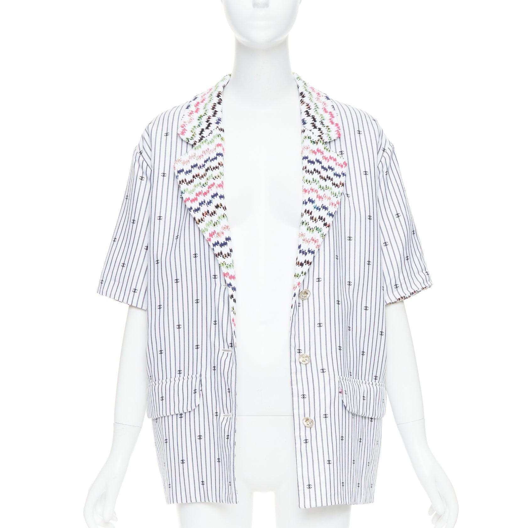Women's Chanel multicolor tweed CC logo stripe short sleeve jacket