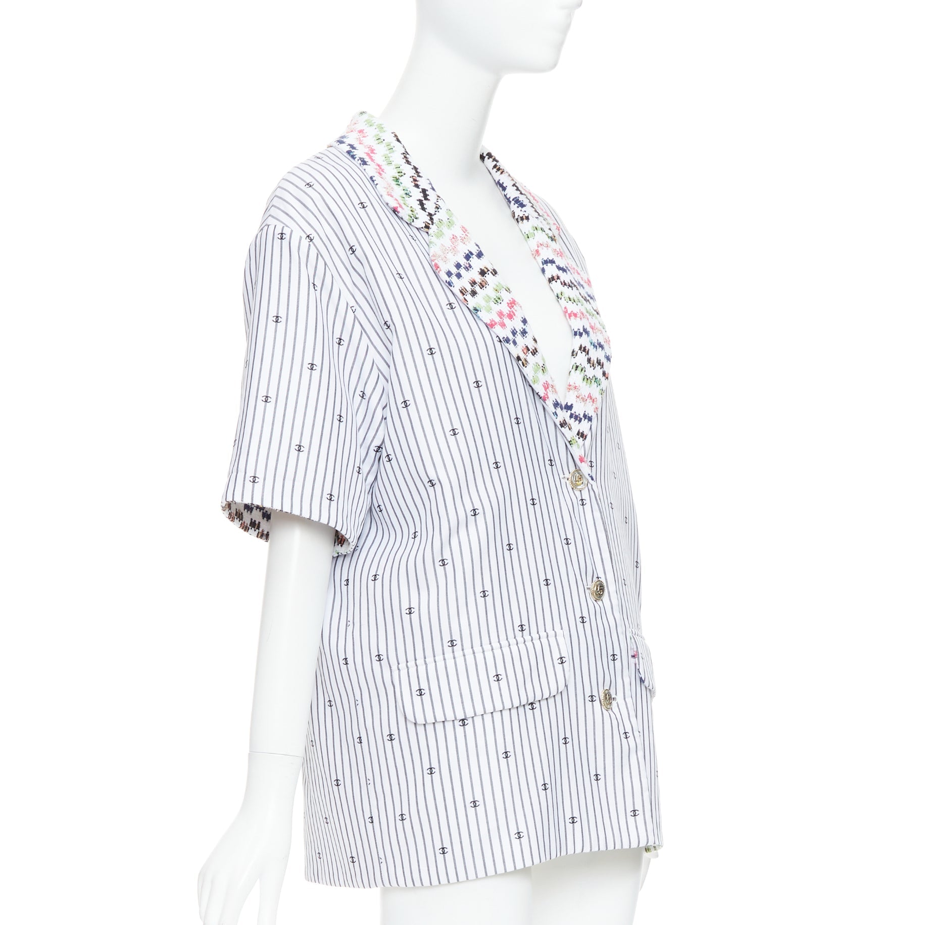Women's Chanel multicolor tweed CC logo stripe short sleeve jacket