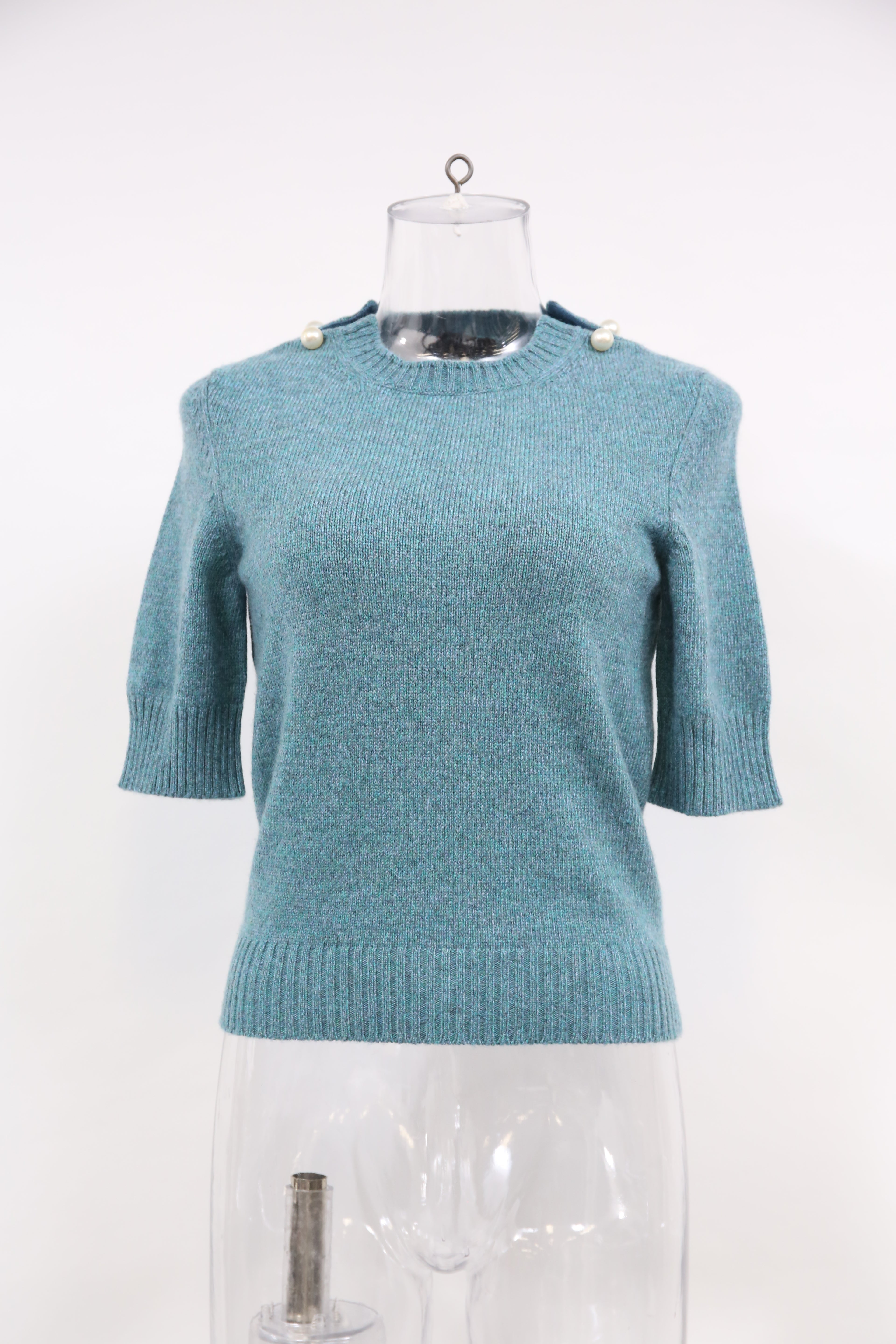 Women's Chanel Knitted Pearl-Embellished Short Sleeve Top in Blue Wool