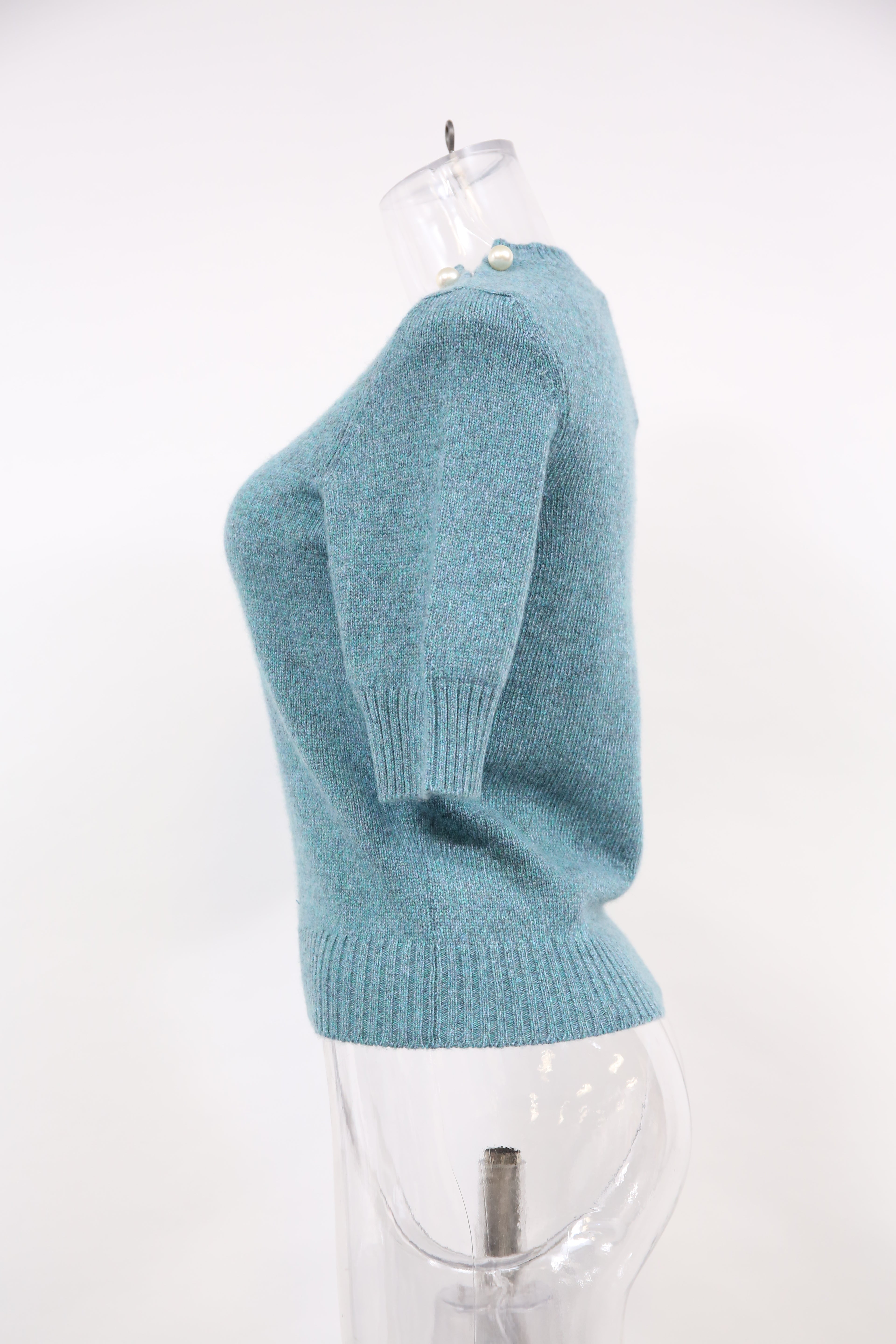 Women's Chanel Knitted Pearl-Embellished Short Sleeve Top in Blue Wool