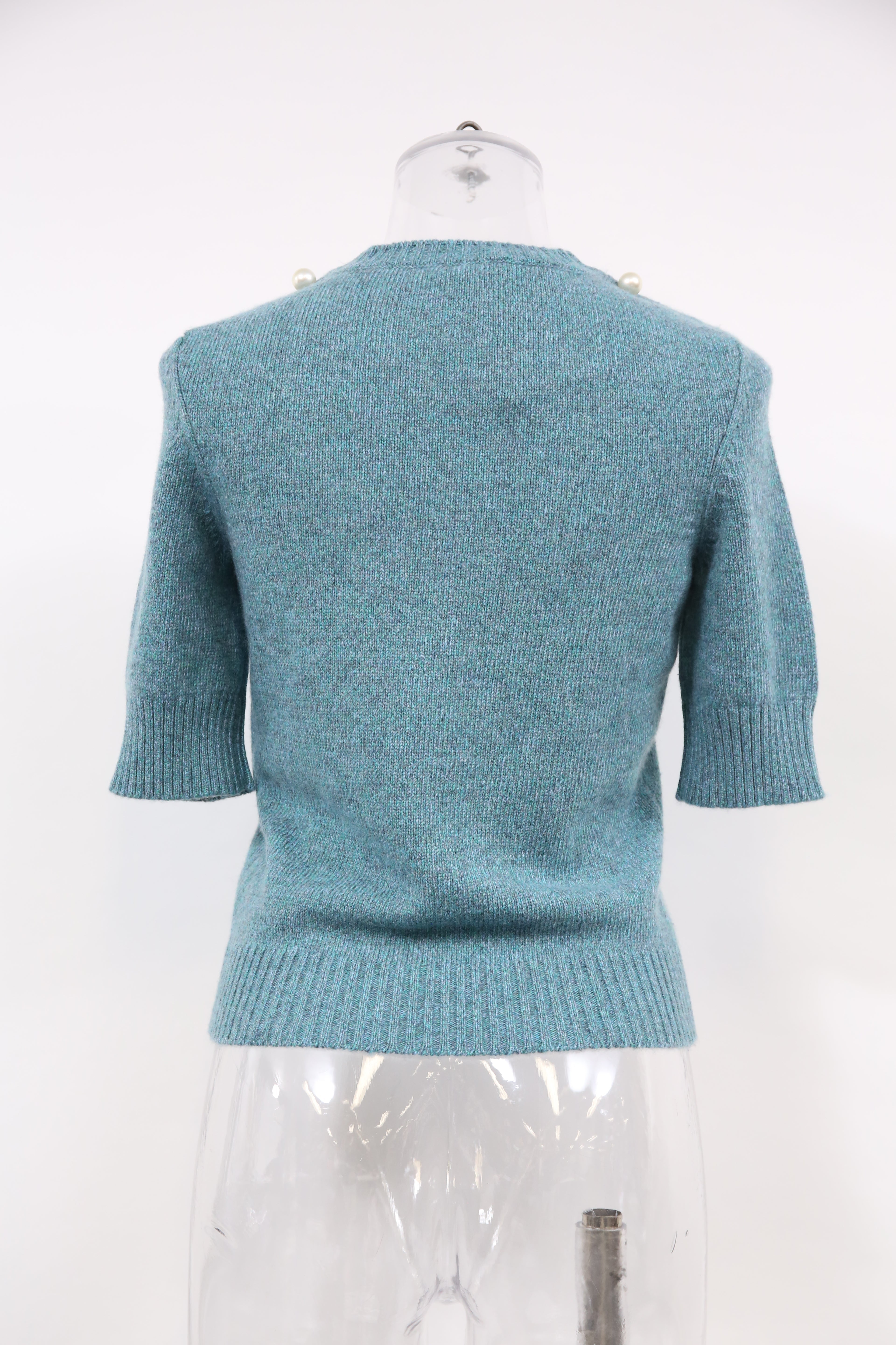 Women's Chanel Knitted Pearl-Embellished Short Sleeve Top in Blue Wool