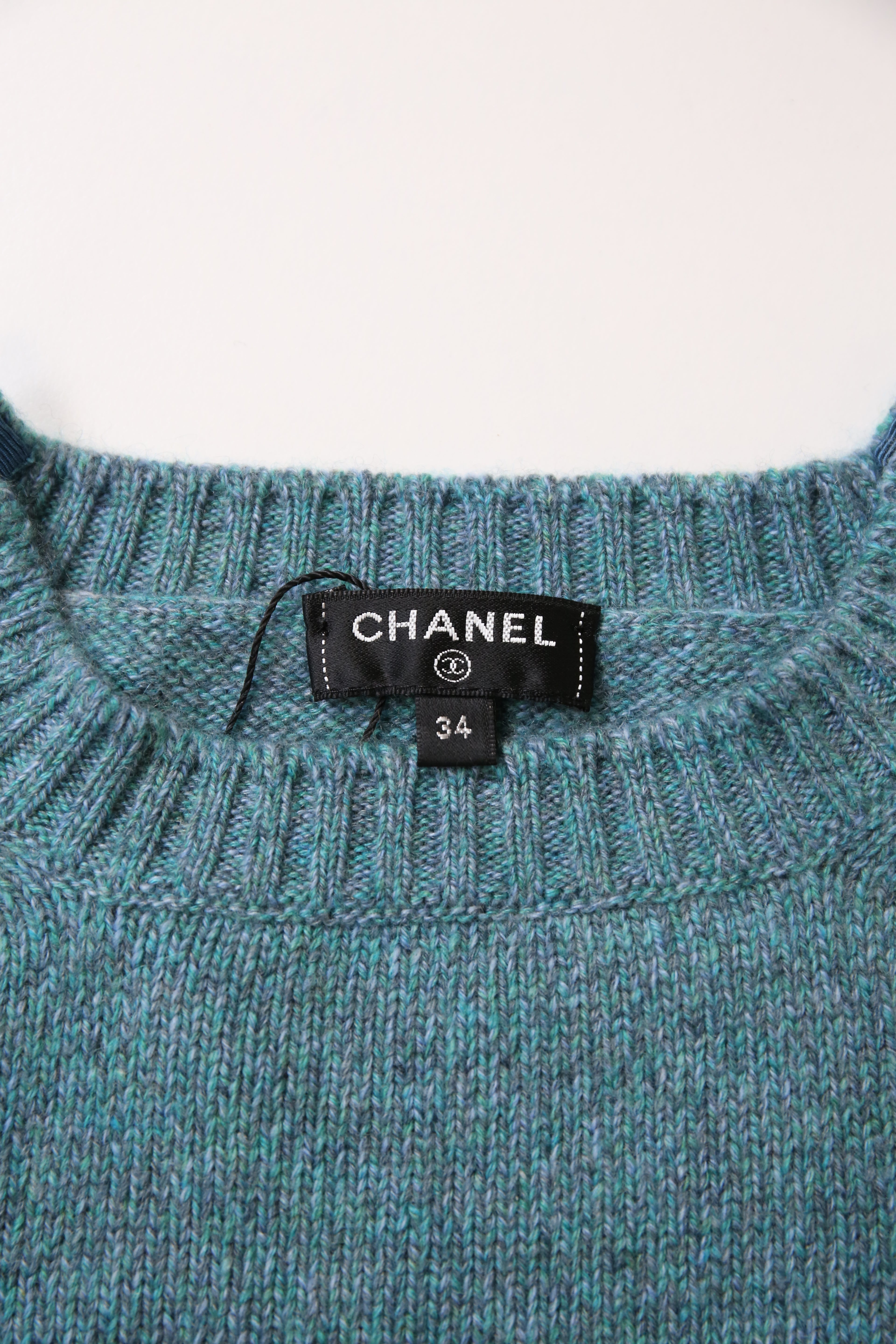 Women's Chanel Knitted Pearl-Embellished Short Sleeve Top in Blue Wool