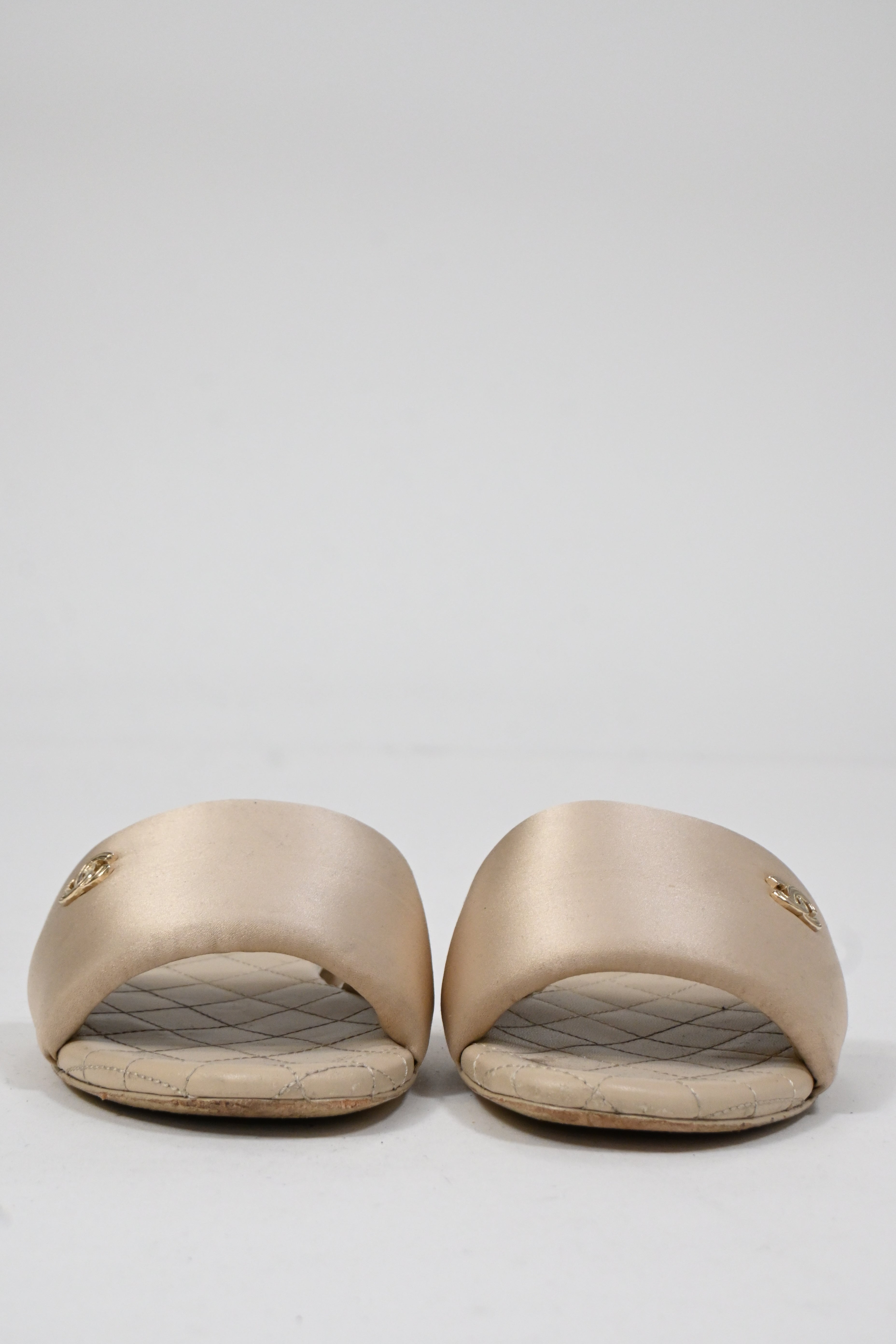 Women's Chanel CC Quilted Slide Flats in Beige Satin