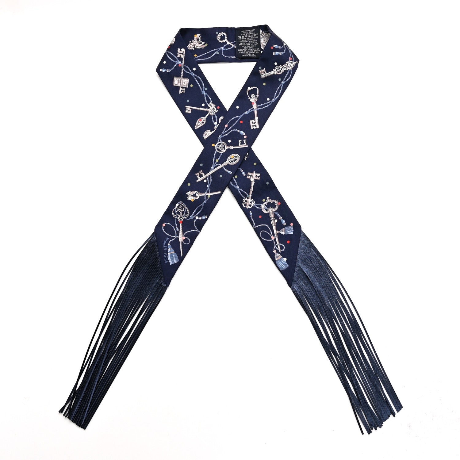 Silk Calfskin Les Cles A Pois Fringed Twilly Bleu Marine Gris Argent Multicolor