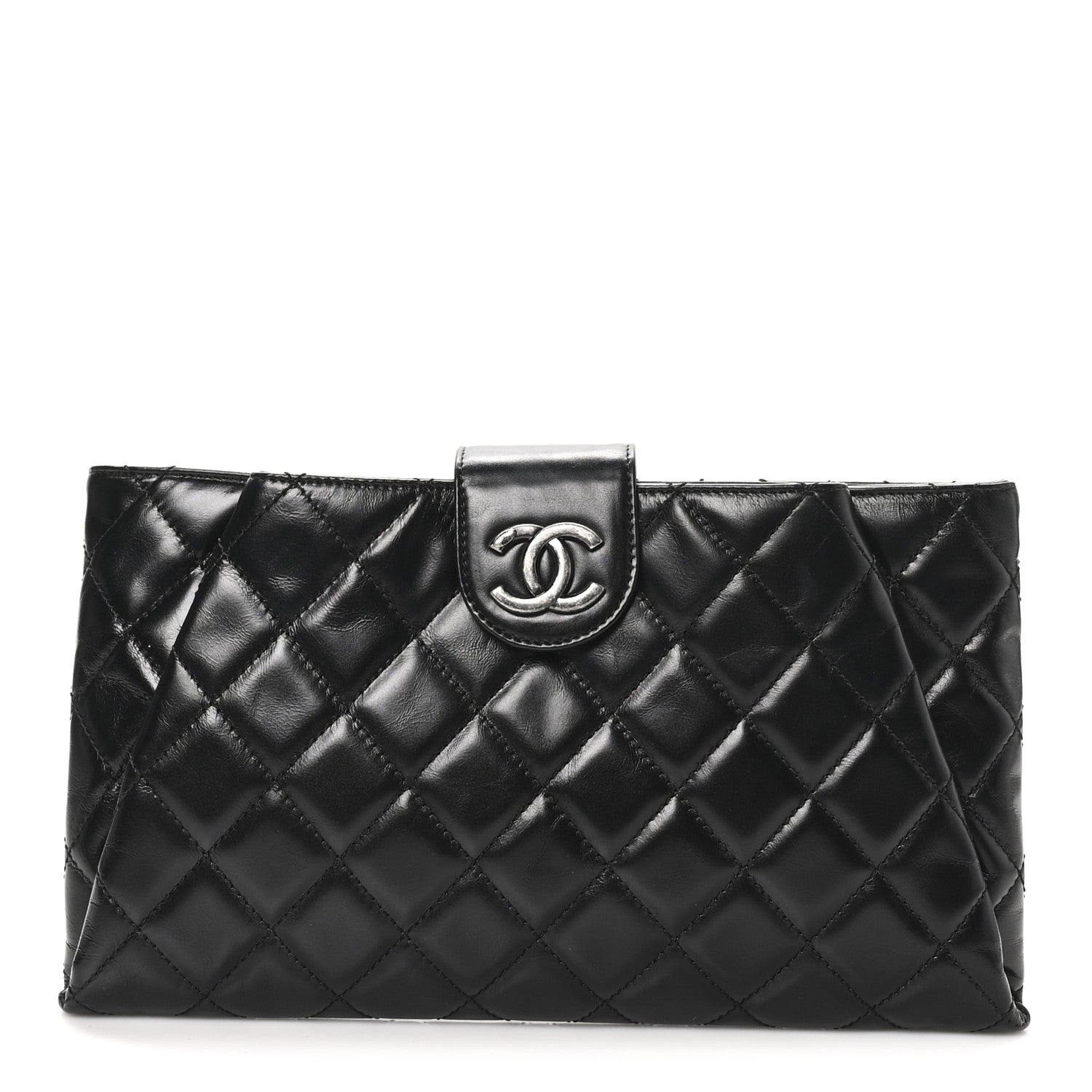 Glazed Calfskin Quilted Coco Pleats Clutch Black