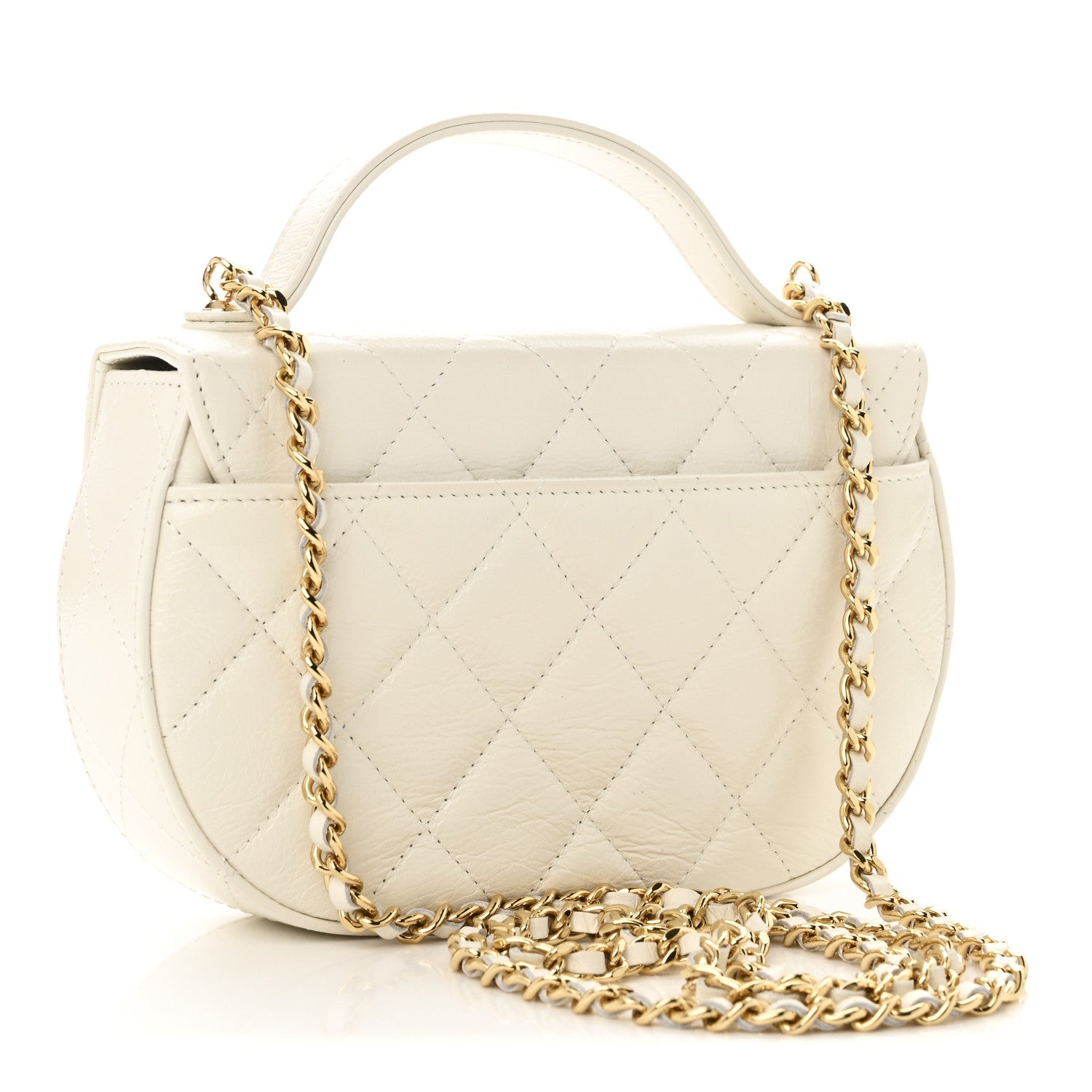 Shiny Aged Calfskin Quilted Top Handle Clutch With Chain White