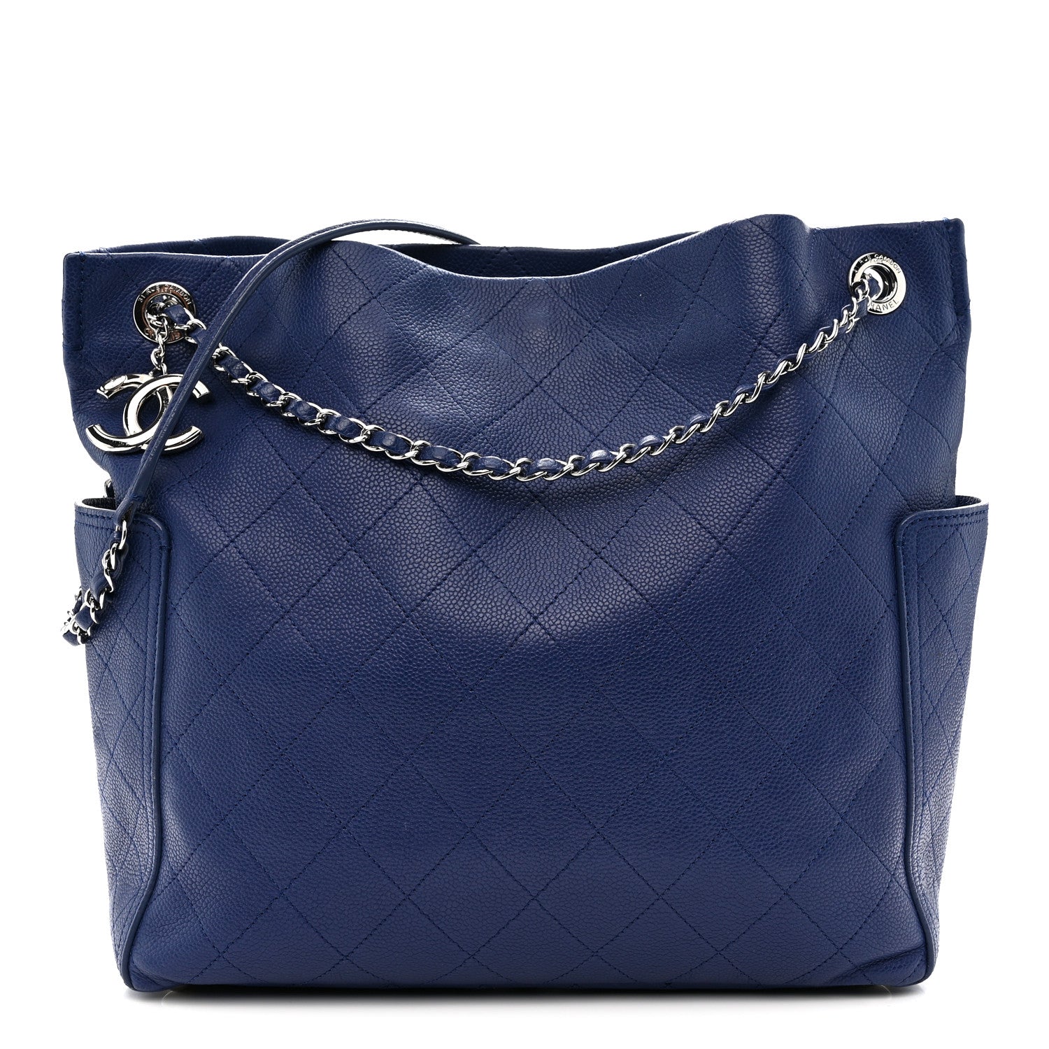 Grained Calfskin Stitched CC Pocket Tote Navy Blue