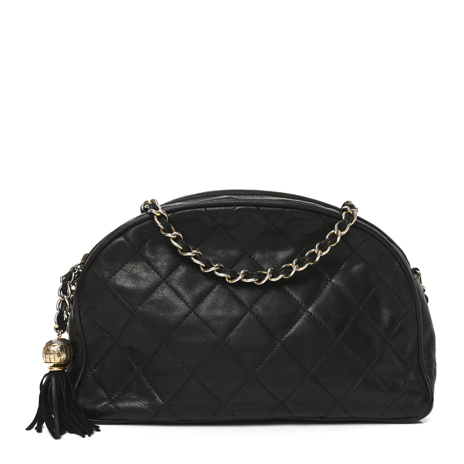 Lambskin Quilted Tassel Camera Case Black