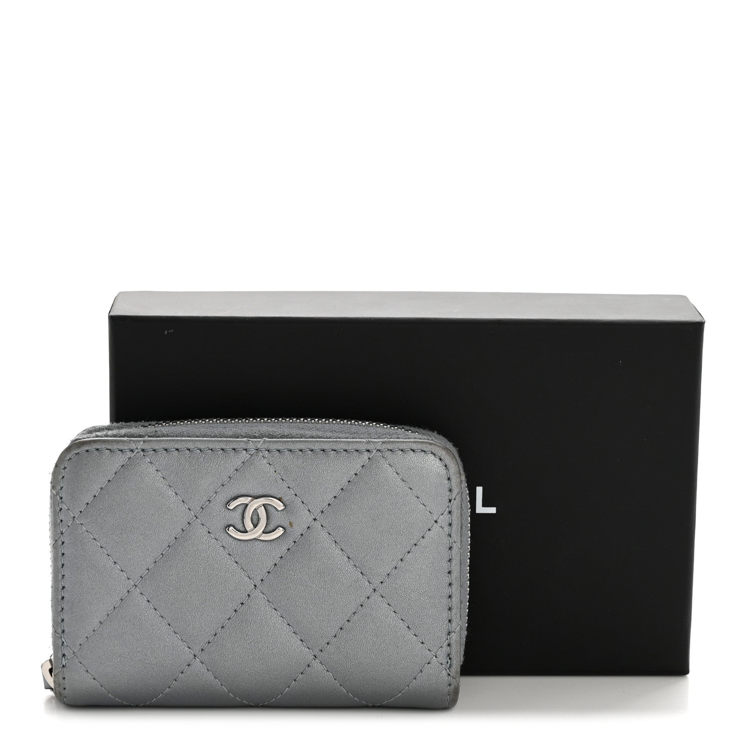 Metallic Lambskin Quilted Zip Around Coin Purse Wallet Silver