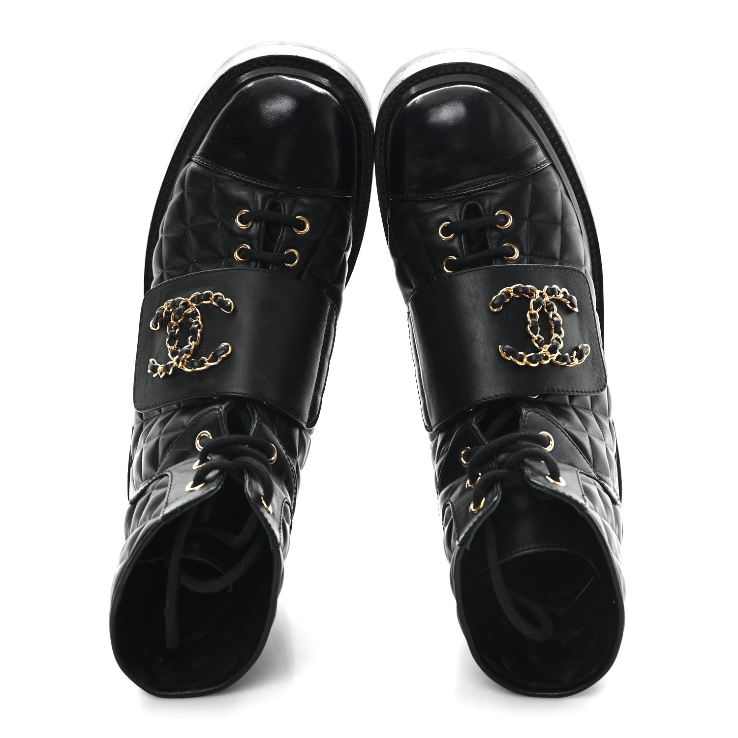 Shiny Calfskin Quilted Lace Up Combat Boots 38.5 Black