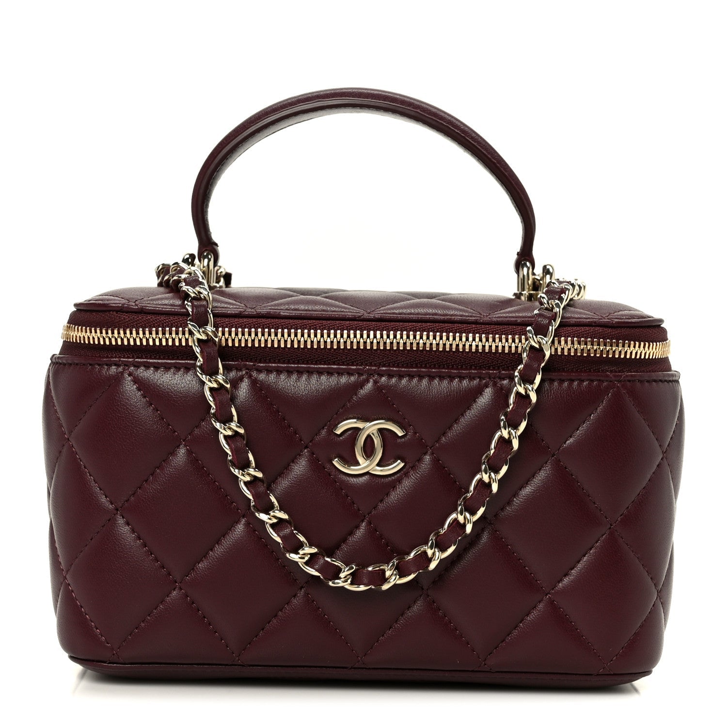 Lambskin Quilted Small Top Handle Vanity Case With Chain Burgundy
