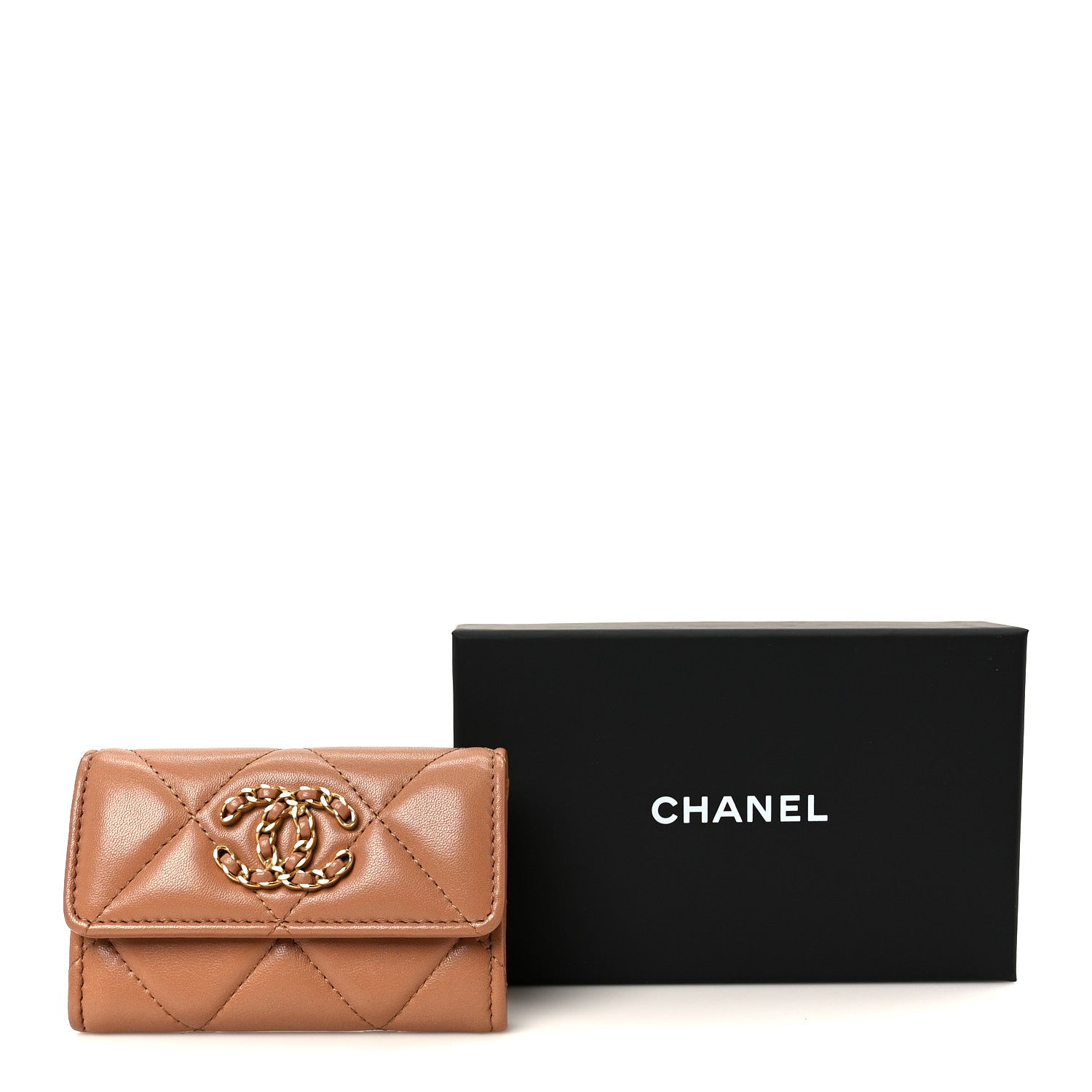 Lambskin Quilted Chanel 19 Flap Card Holder Brown