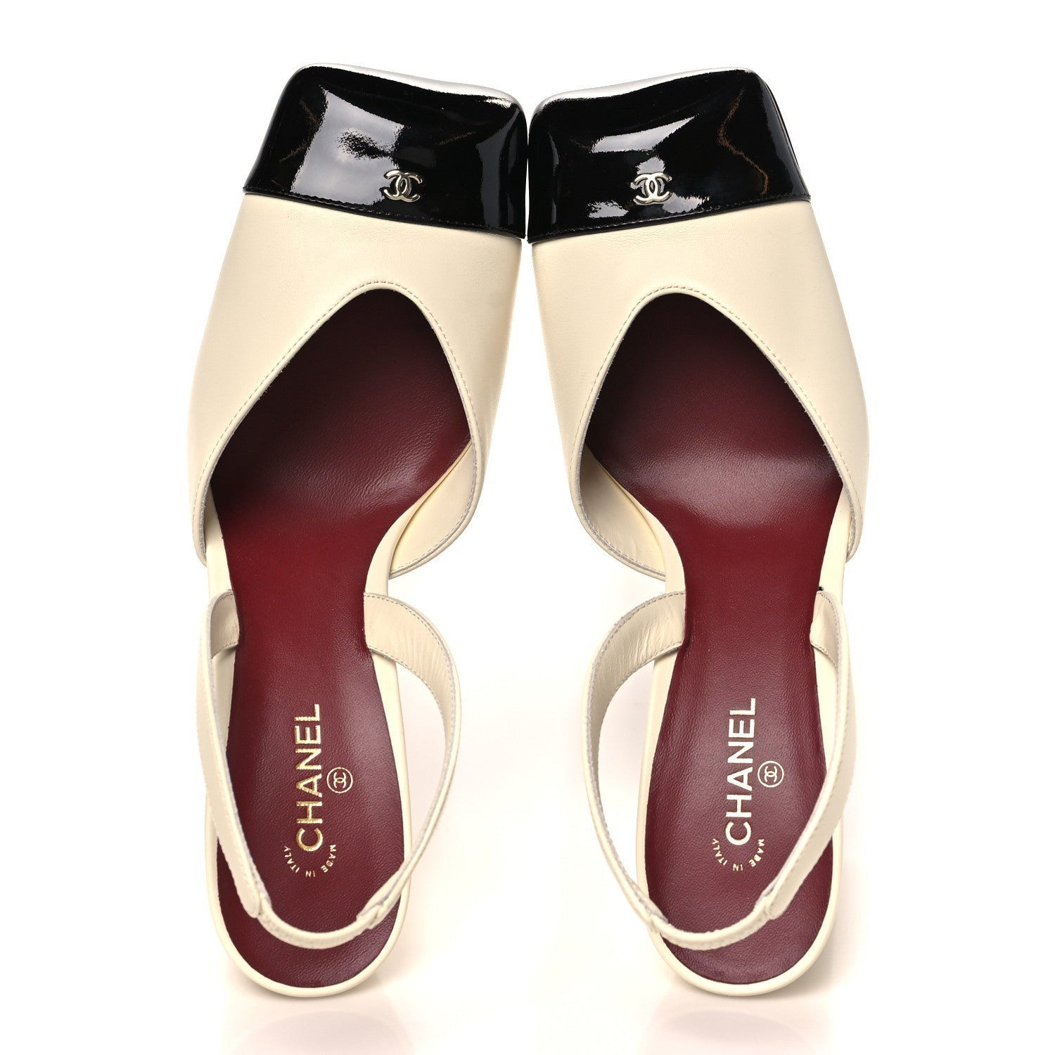 Lambskin Patent Calfskin Cap Toe CC Slingback Pumps 40 Ivory Black