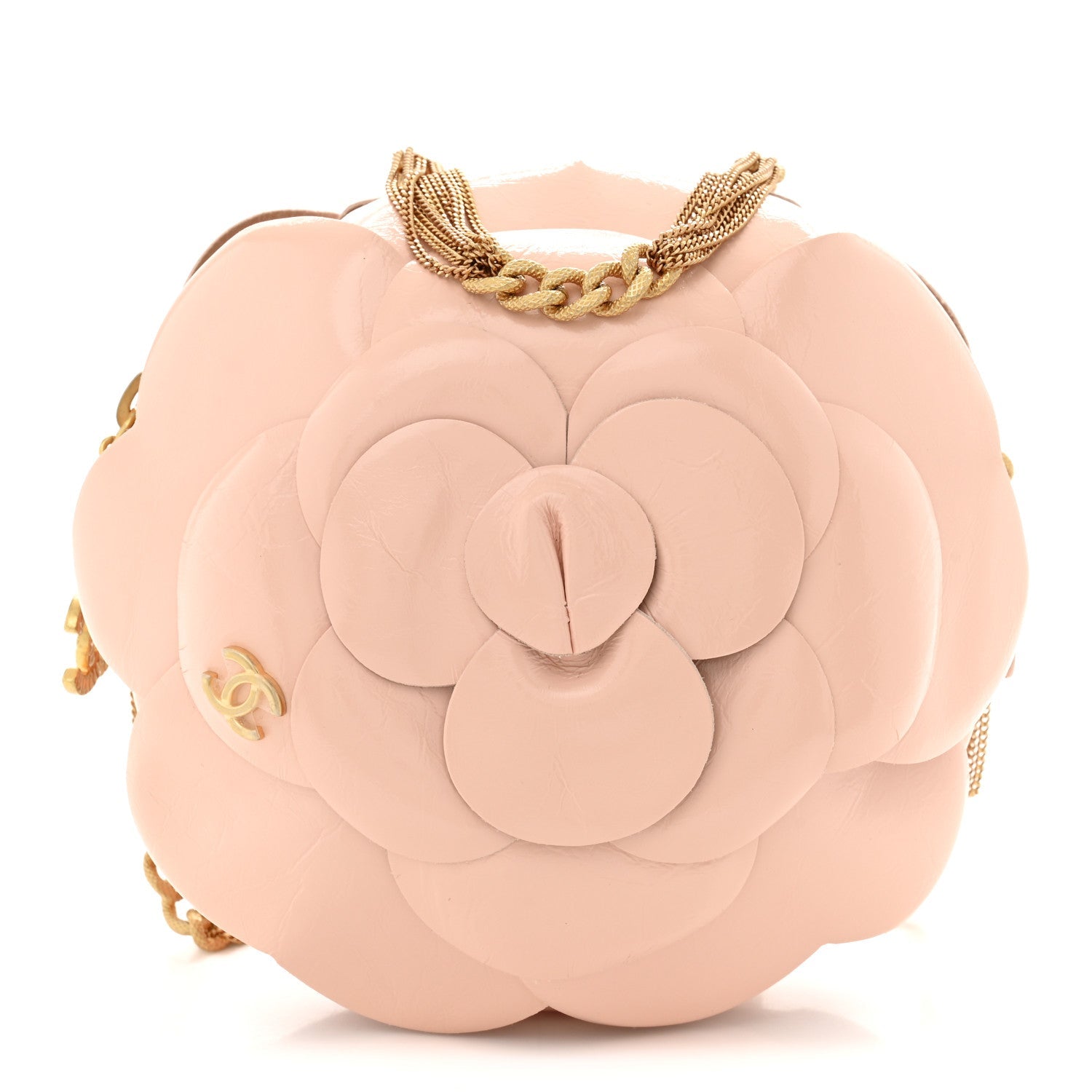 Patent Lambskin Camellia Bouquet Clutch With Chain Light Pink