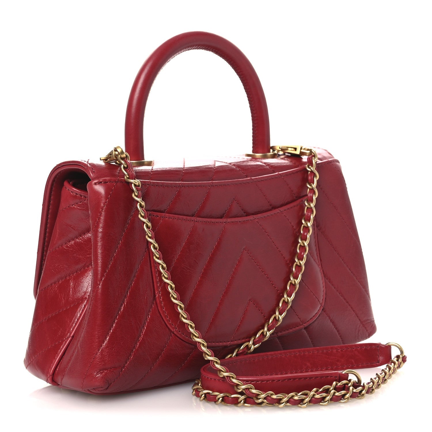 Aged Calfskin Chevron Quilted Mini Coco Handle Flap Red