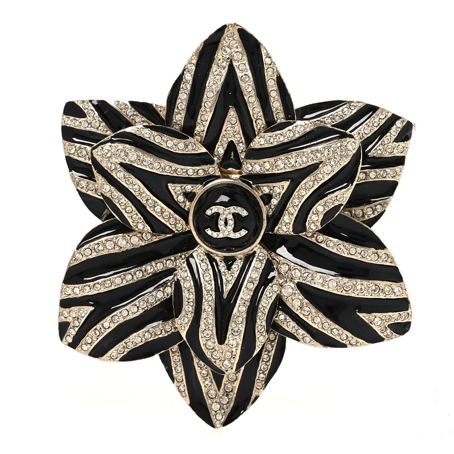 Metal Enamel Crystal CC Camelia Brooch Gold Black