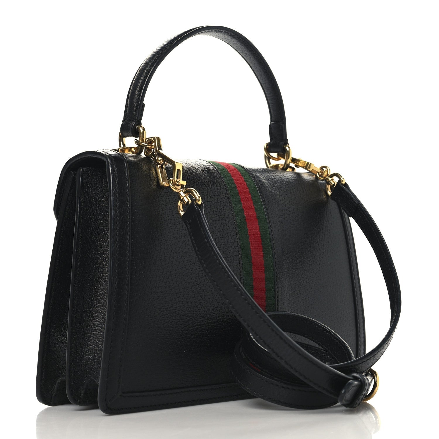 Textured Dollar Calfskin Web Small Ophidia Padlock Top Handle Bag Black