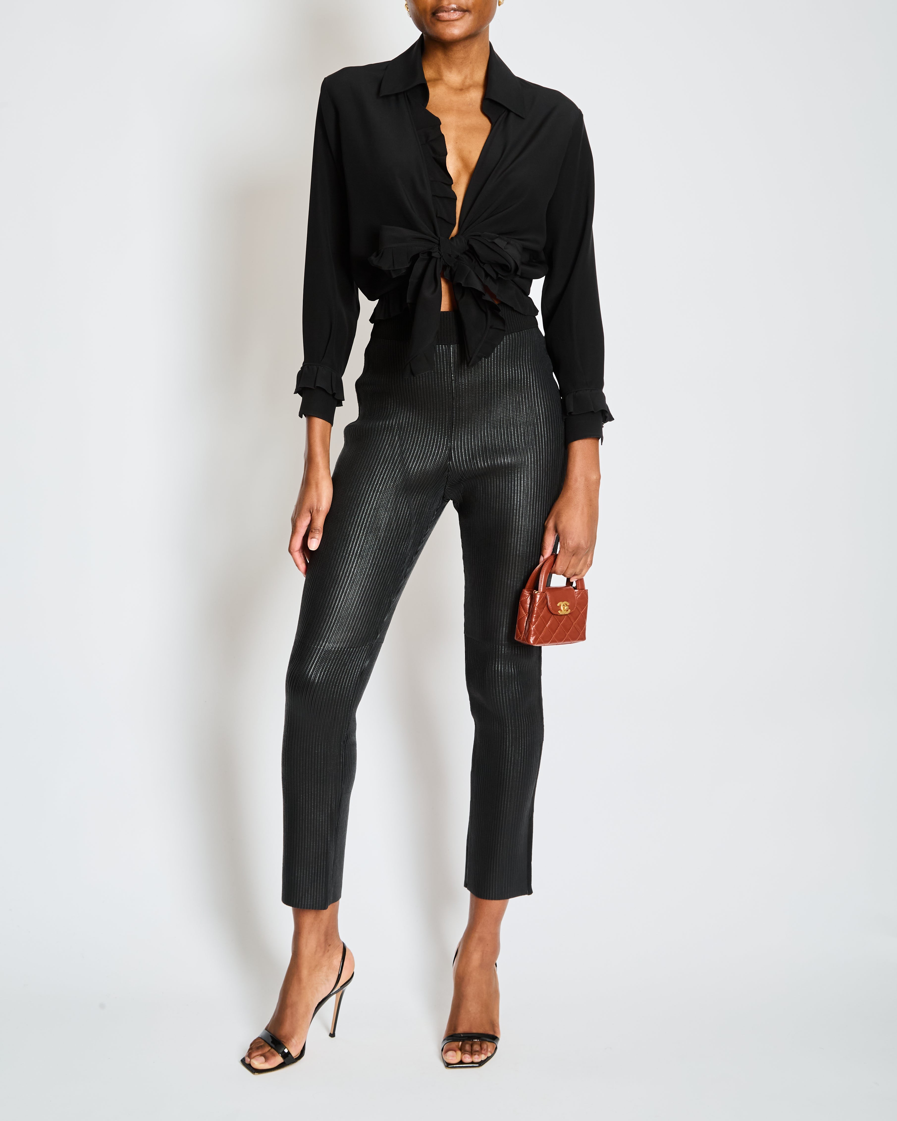 Hermès Fall 2024 Black Ribbed Leather Leggings with Fabric Side Trim Size FR 38 (UK 10)