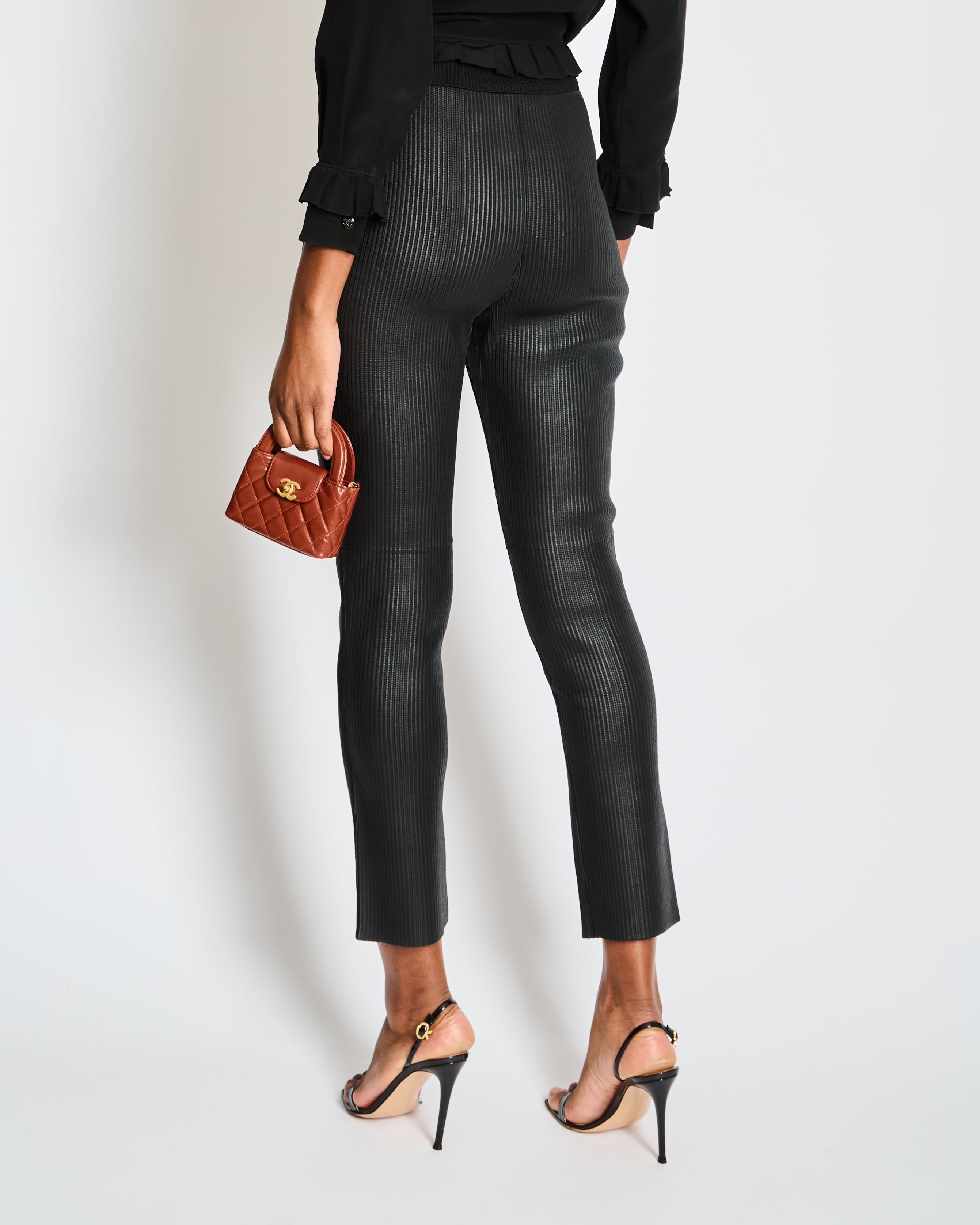 Hermès Fall 2024 Black Ribbed Leather Leggings with Fabric Side Trim Size FR 38 (UK 10)