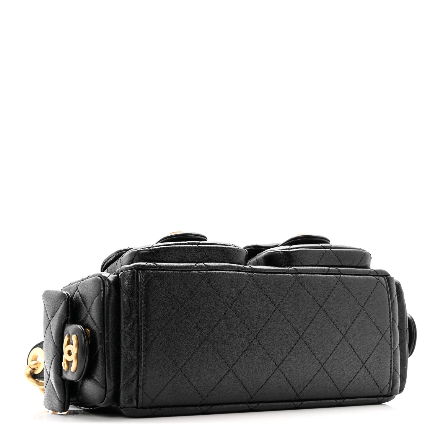 Shiny Lambskin Quilted Trendy Pockets Hobo Black
