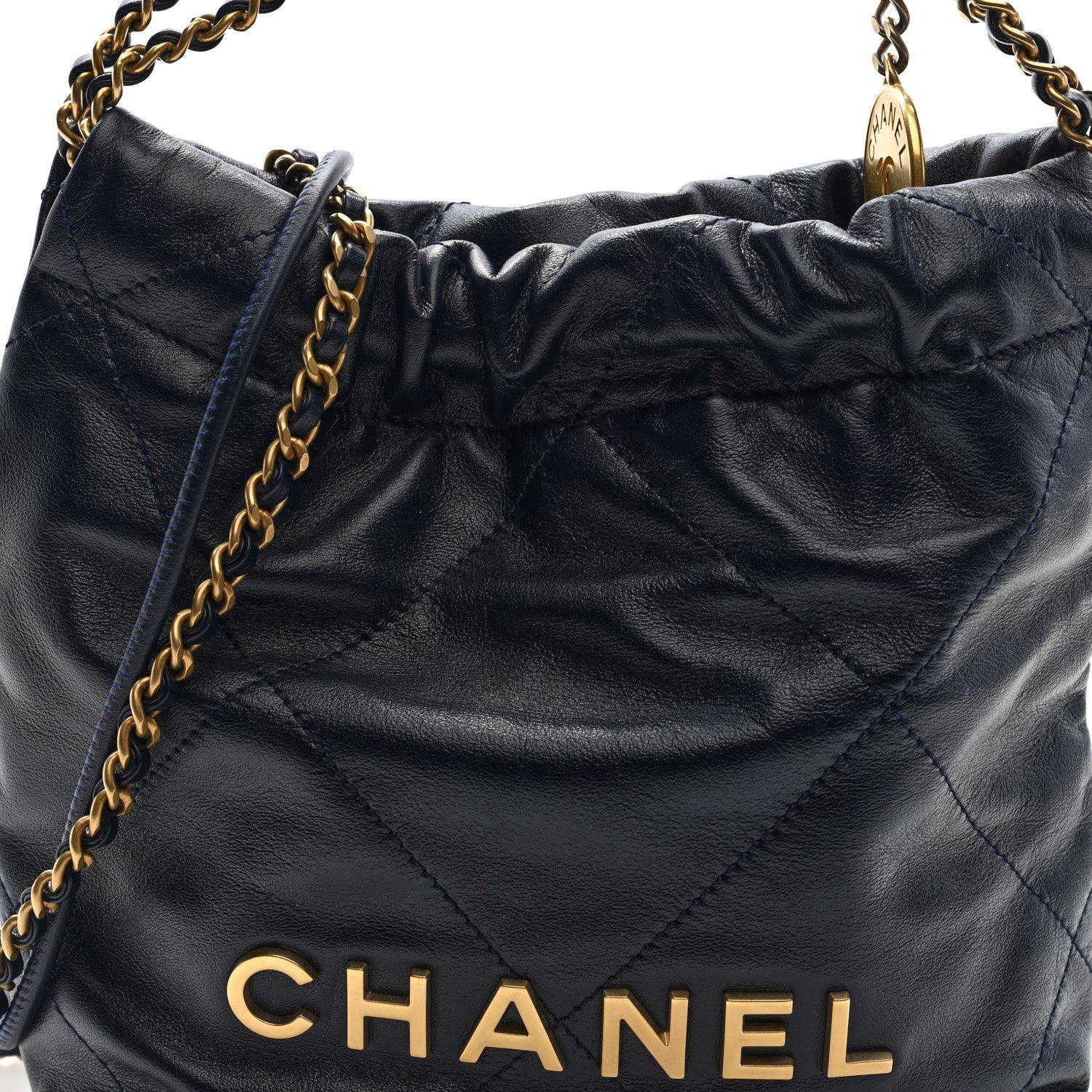 Shiny Calfskin Quilted Mini Chanel 22 Navy Blue