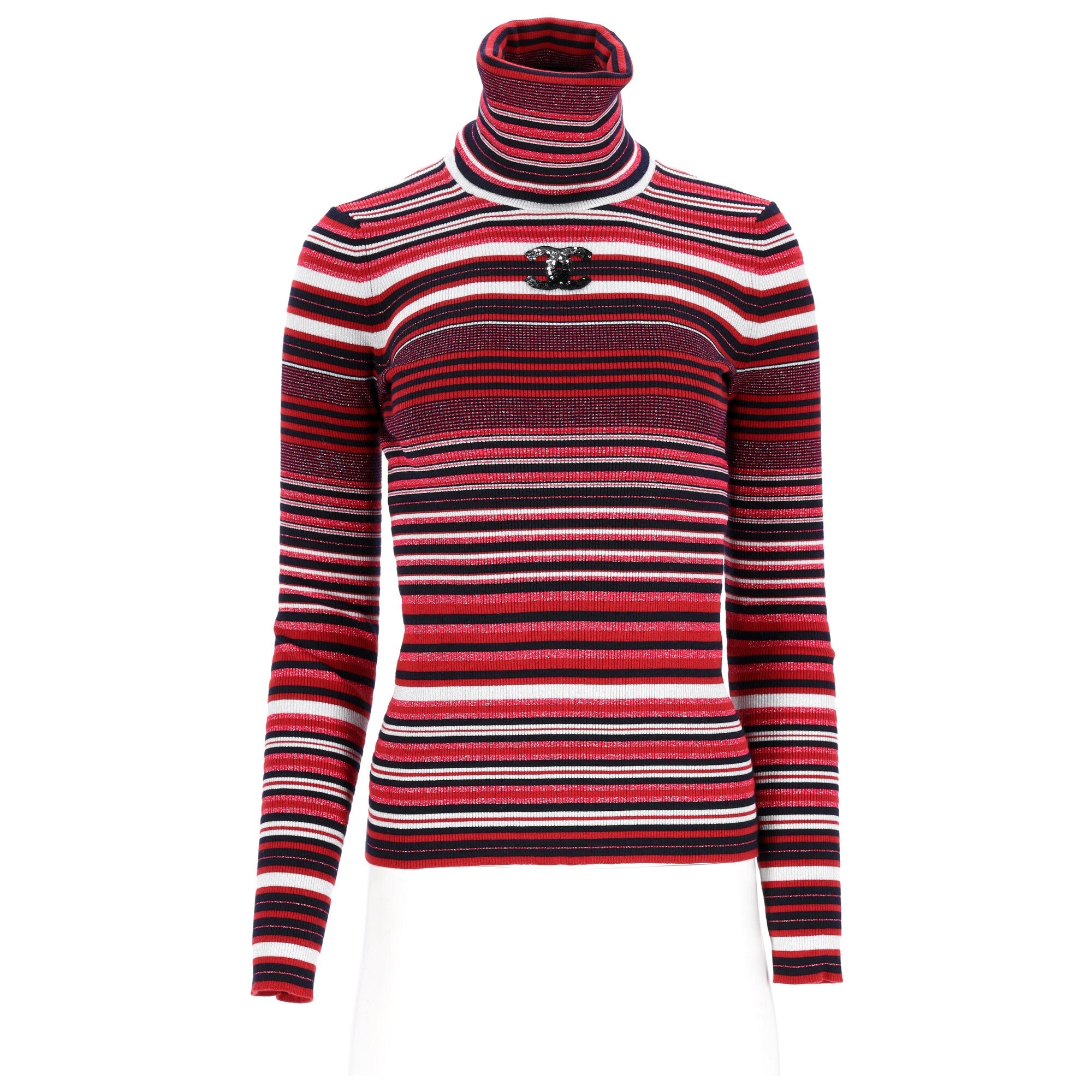 Women's Chanel CC-Embellished Striped Turtleneck Sweater in Red Wool