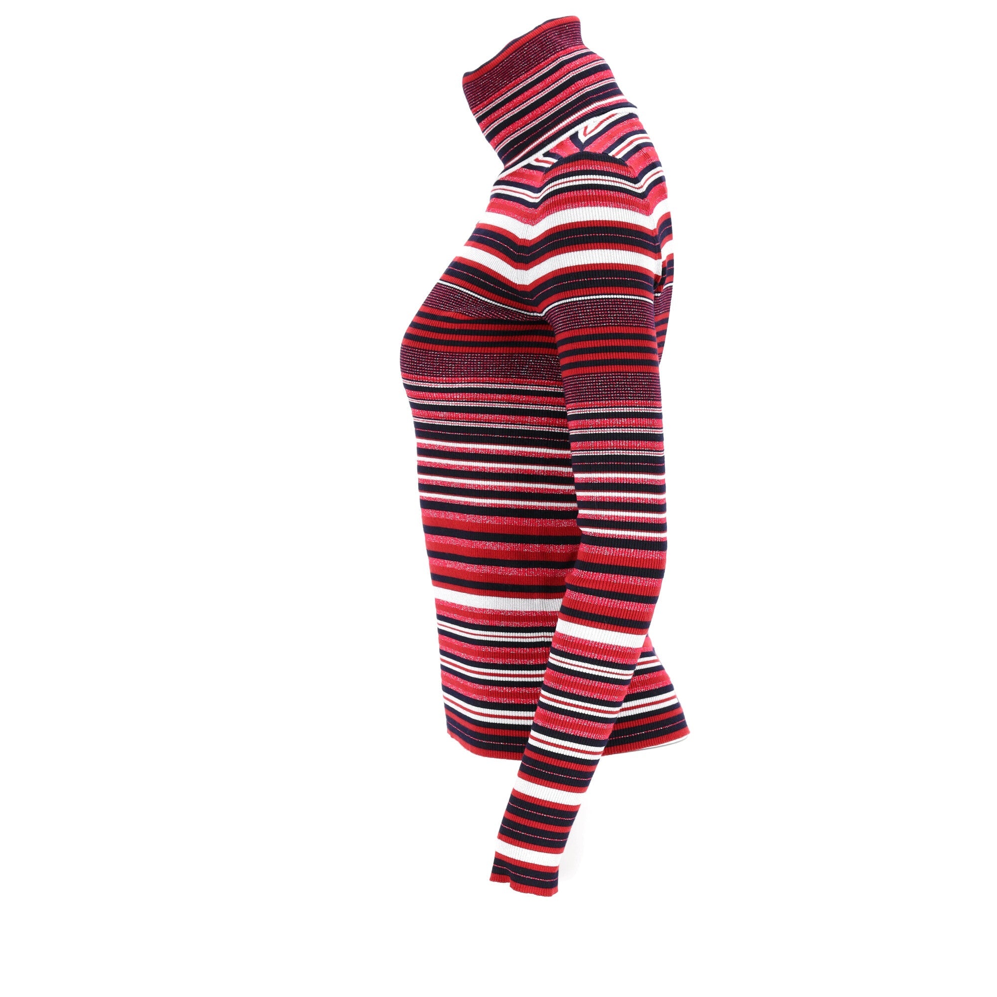 Women's Chanel CC-Embellished Striped Turtleneck Sweater in Red Wool