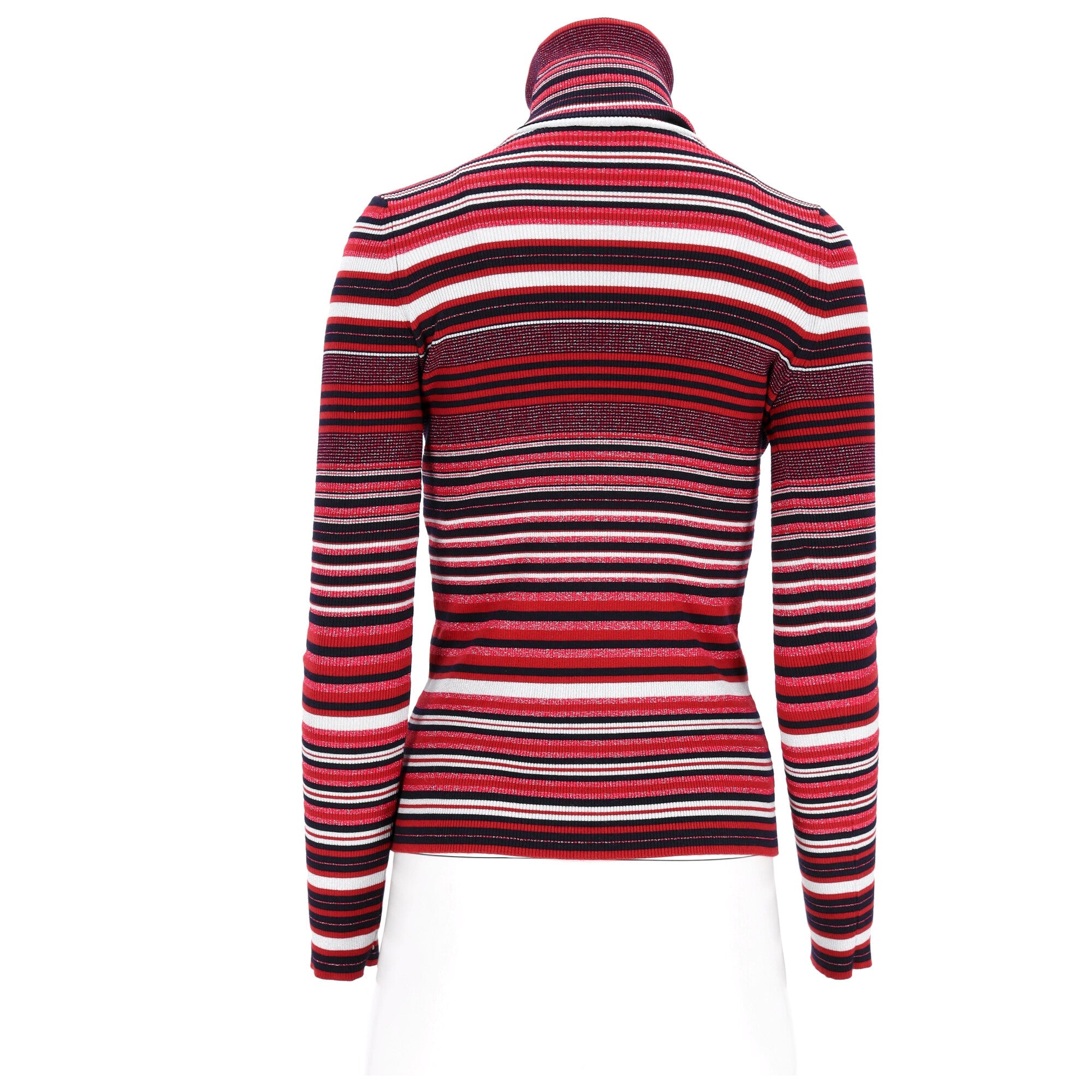 Women's Chanel CC-Embellished Striped Turtleneck Sweater in Red Wool