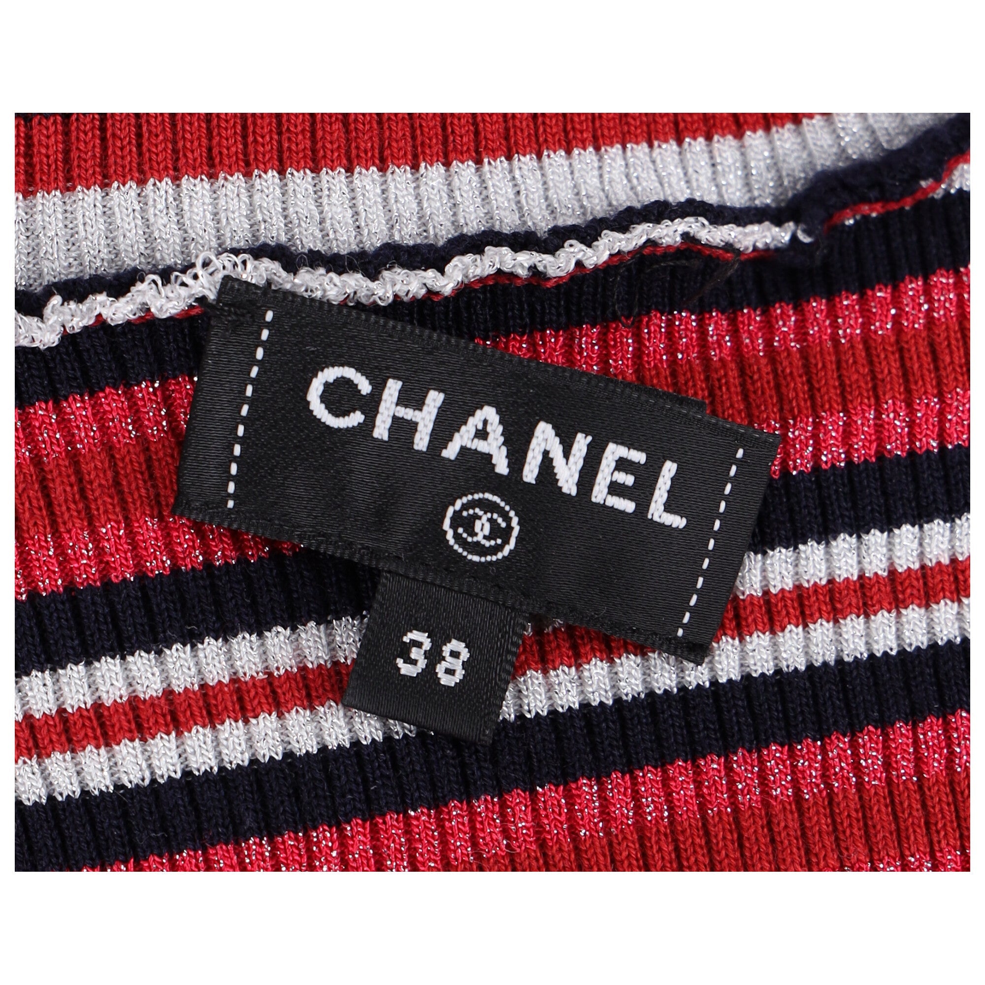 Women's Chanel CC-Embellished Striped Turtleneck Sweater in Red Wool