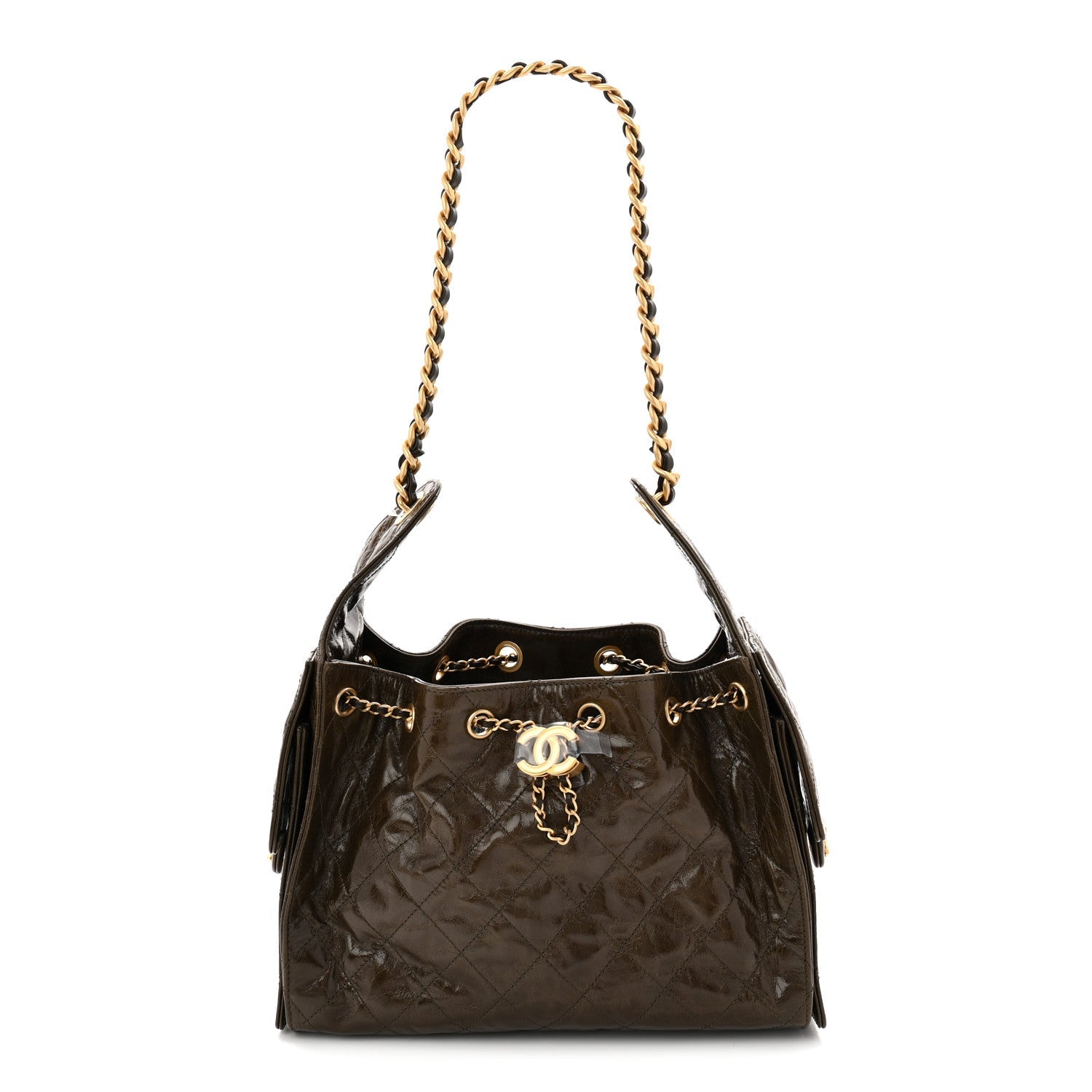 Shiny Crumpled Calfskin Quilted Small Chanel 25 Handbag Khaki