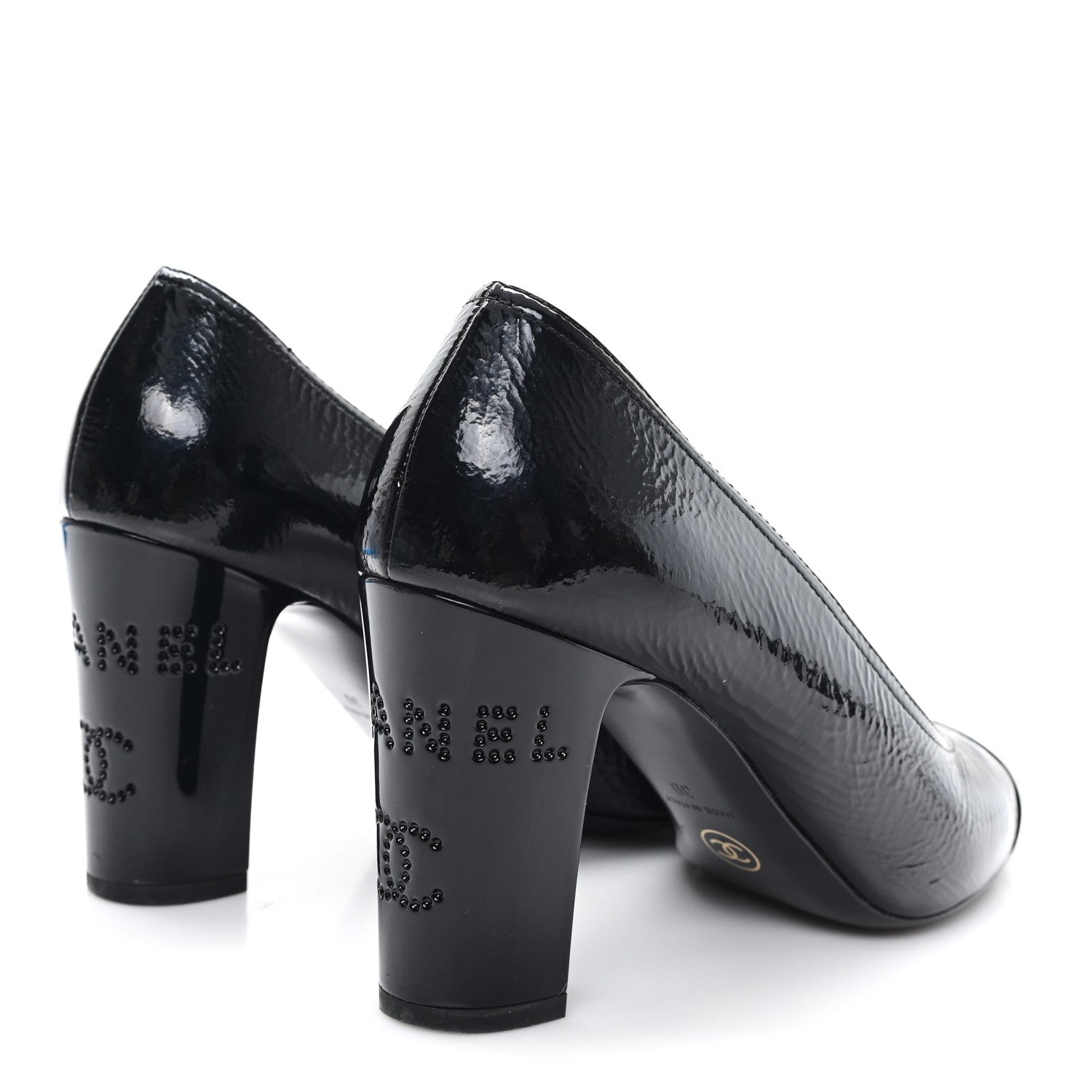Crumpled Goatskin Patent Calfskin Crystal Cap Toe Logo Pumps 39 Black