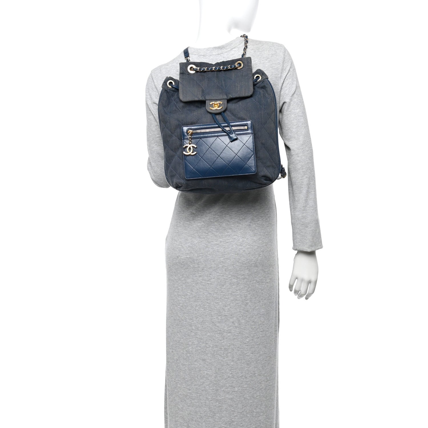 Denim Calfskin Quilted Backpack Blue