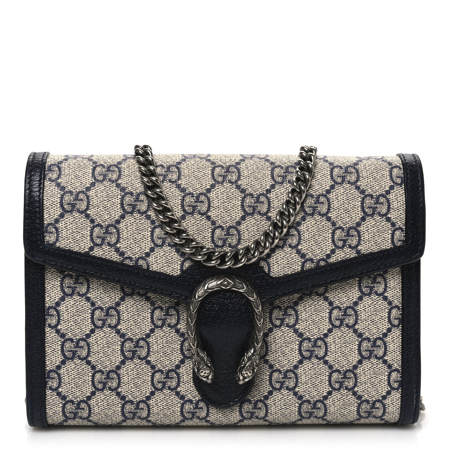 GG Supreme Monogram Textured Dollar Calfskin Mini Dionysus Chain Wallet Beige Blue