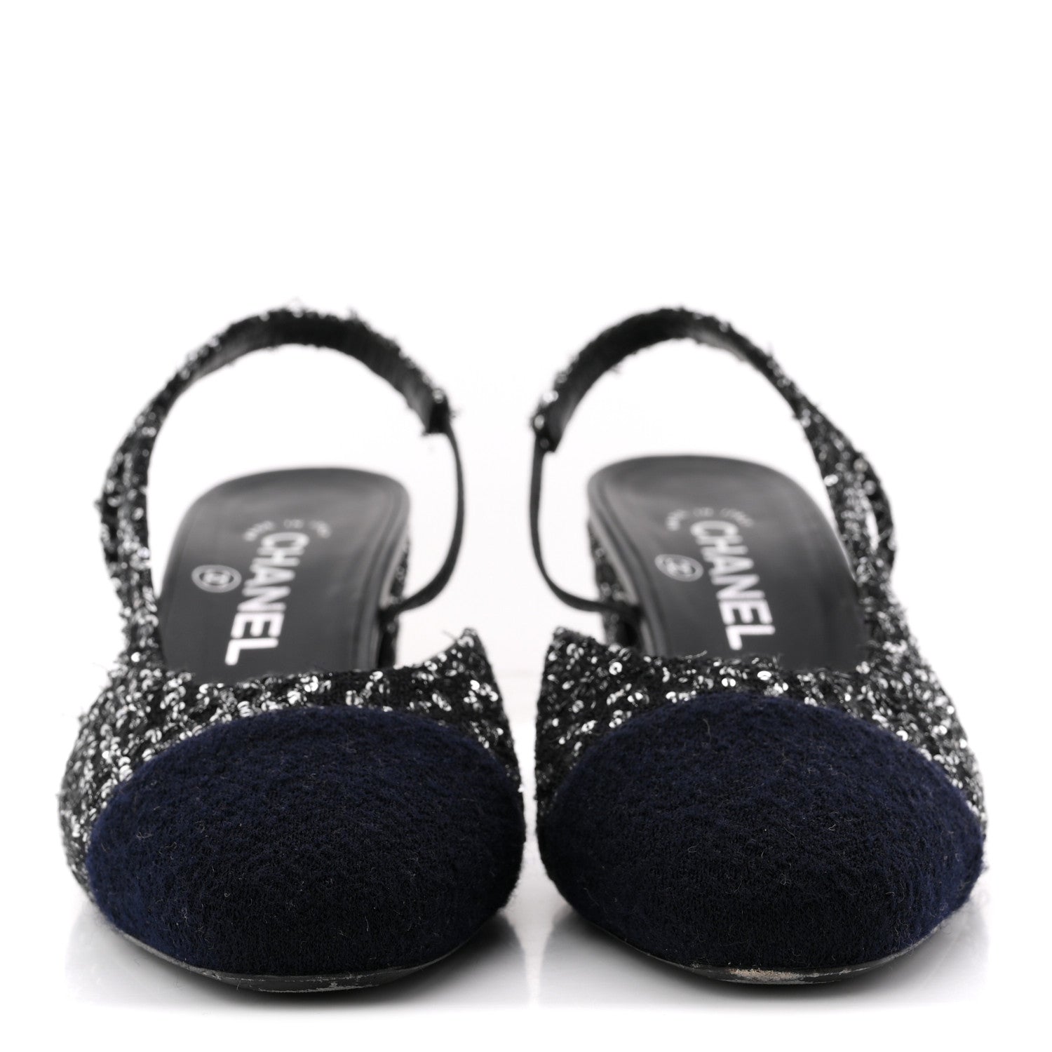Tweed Sequin Cap Toe CC Slingback Pumps 38 Black White Silver