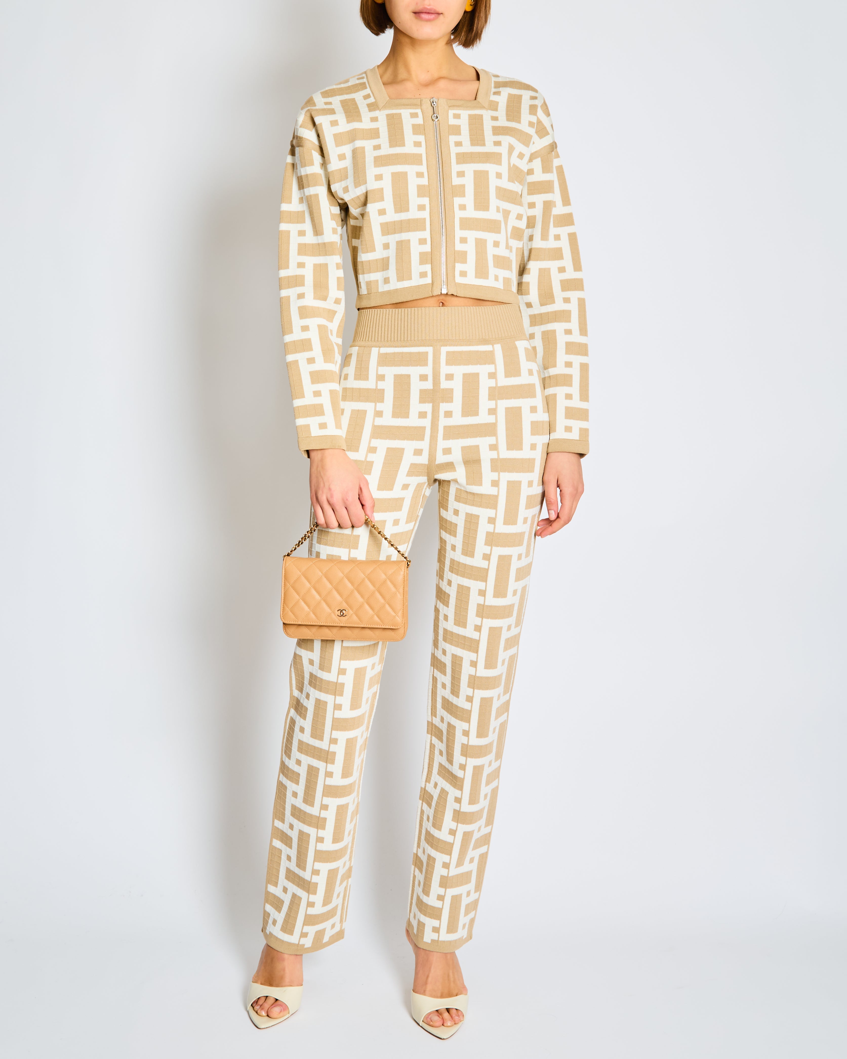 Hermès SS/24 Taupe and White Mosaique Print Knit Cardigan and Trousers Set FR 34 Size UK 6