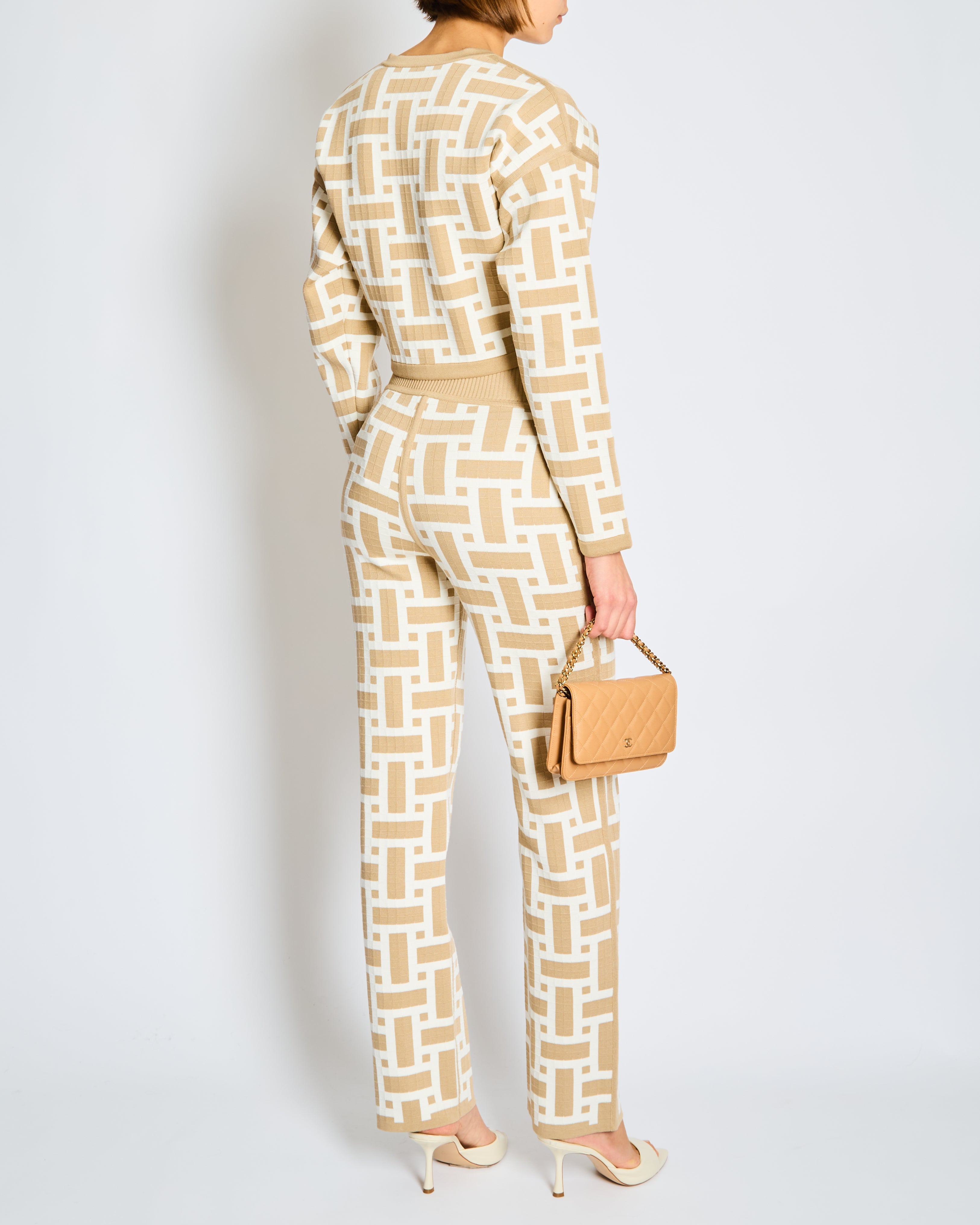 Hermès SS/24 Taupe and White Mosaique Print Knit Cardigan and Trousers Set FR 34 Size UK 6
