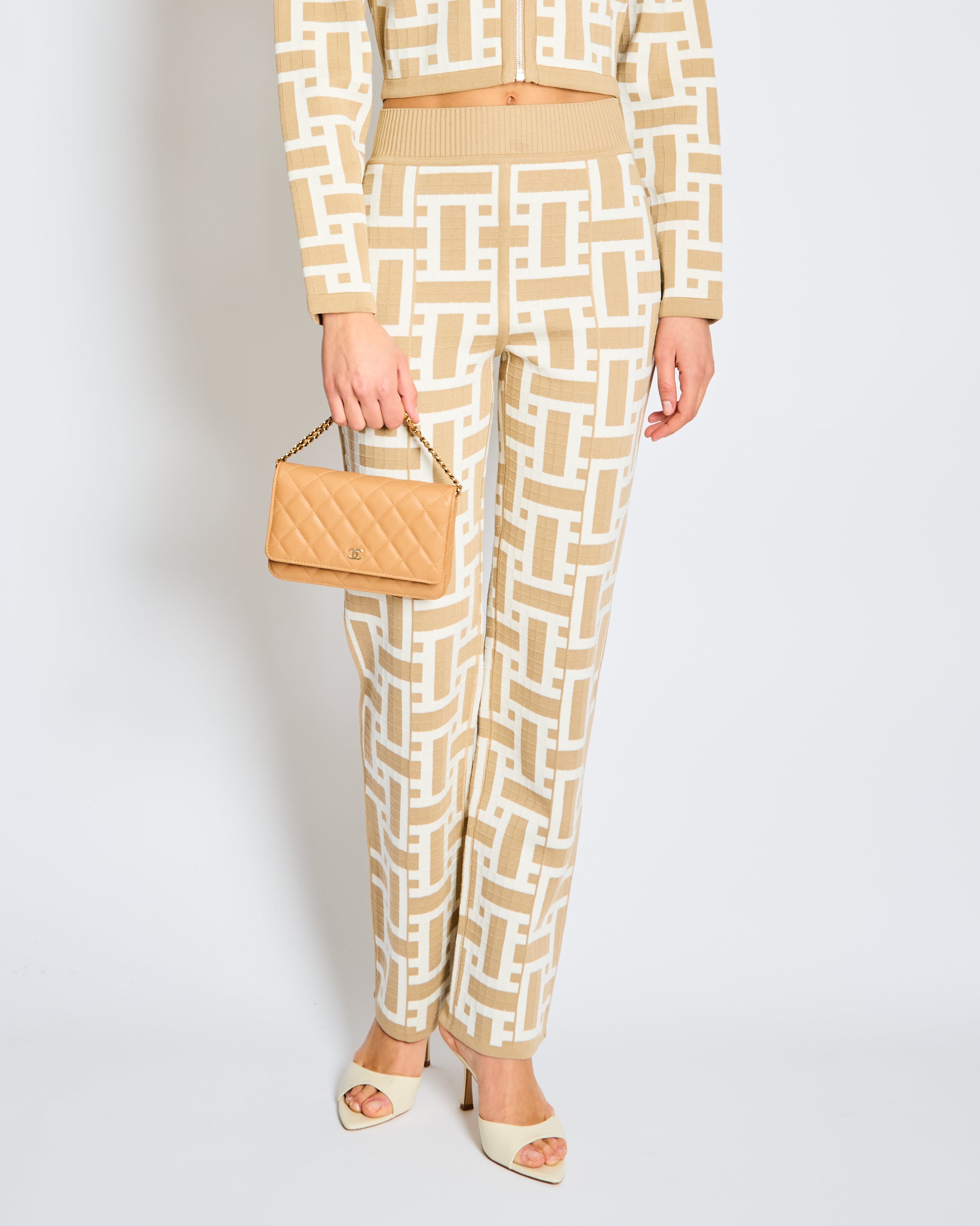 Hermès SS/24 Taupe and White Mosaique Print Knit Cardigan and Trousers Set FR 34 Size UK 6