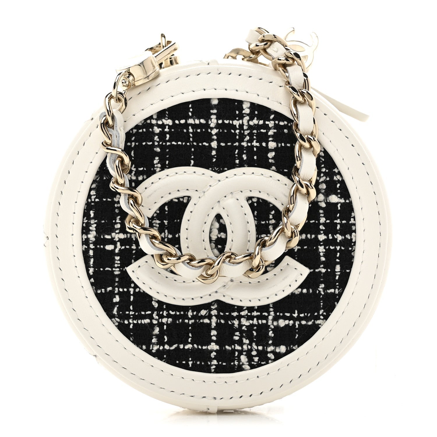 Tweed Quilted Round Filigree Pouch With Chain White Black