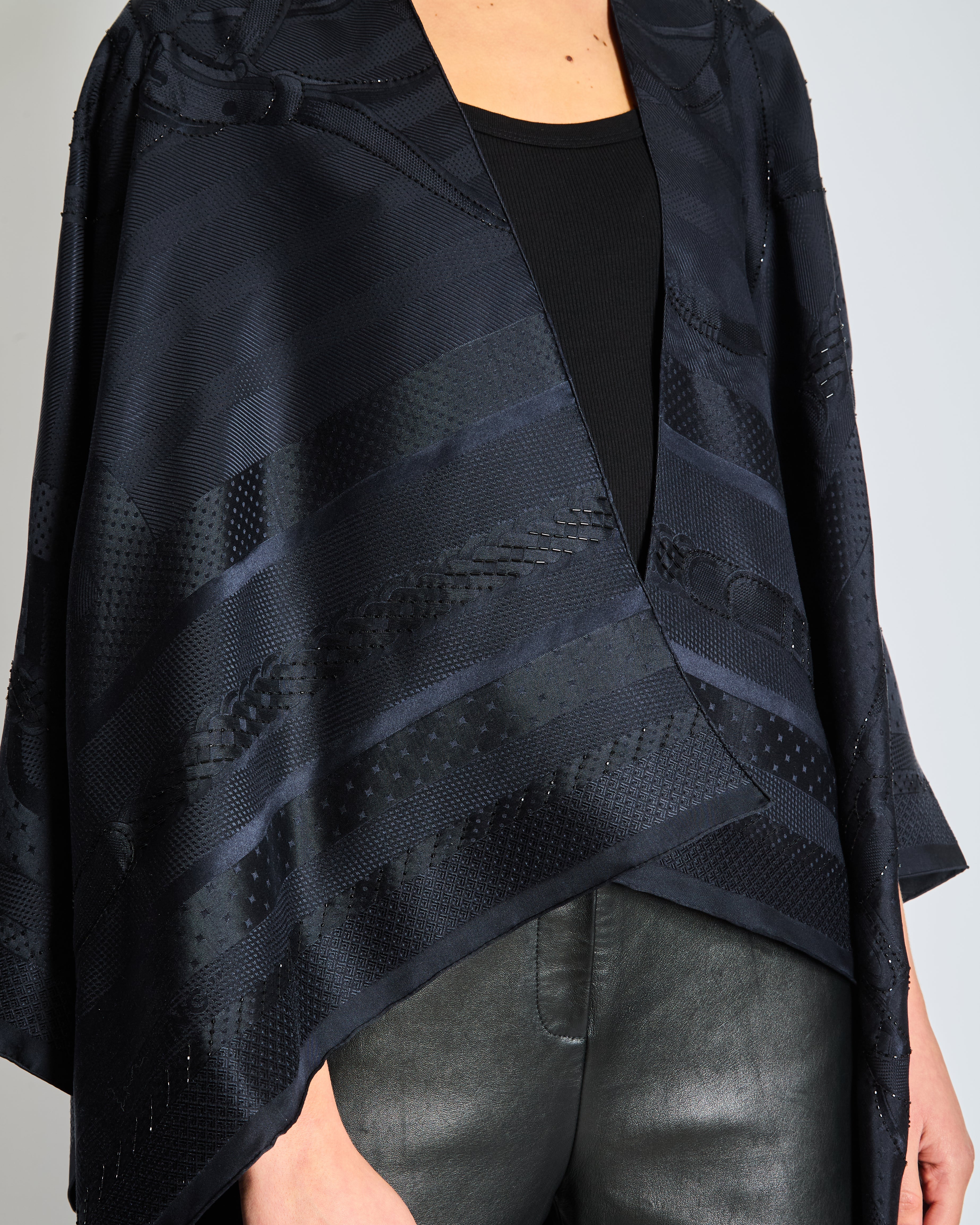 Hermès Embellished Black 'Palefroi Remix' Silk Cape with Sequins & Fine Embroidery Details