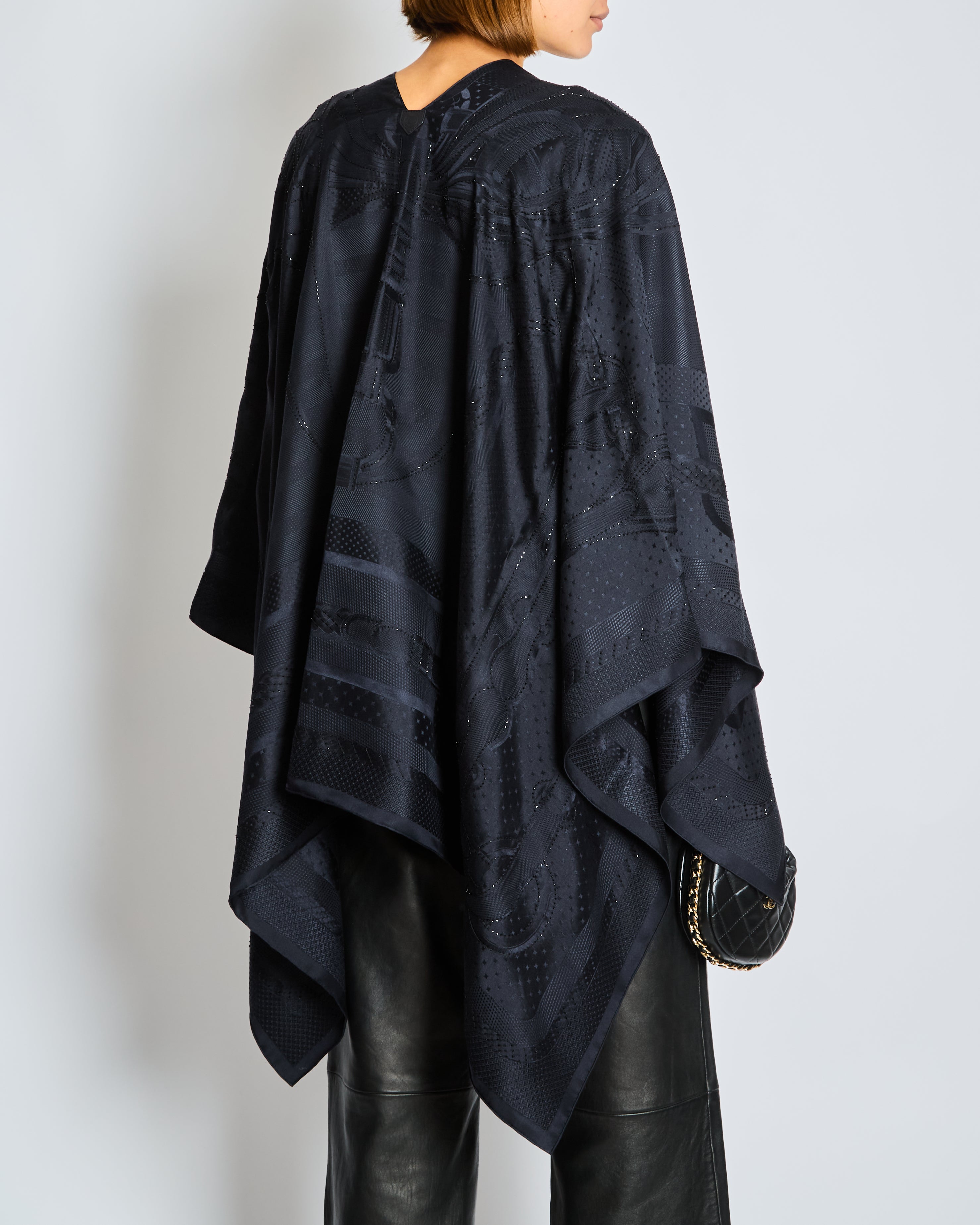 Hermès Embellished Black 'Palefroi Remix' Silk Cape with Sequins & Fine Embroidery Details